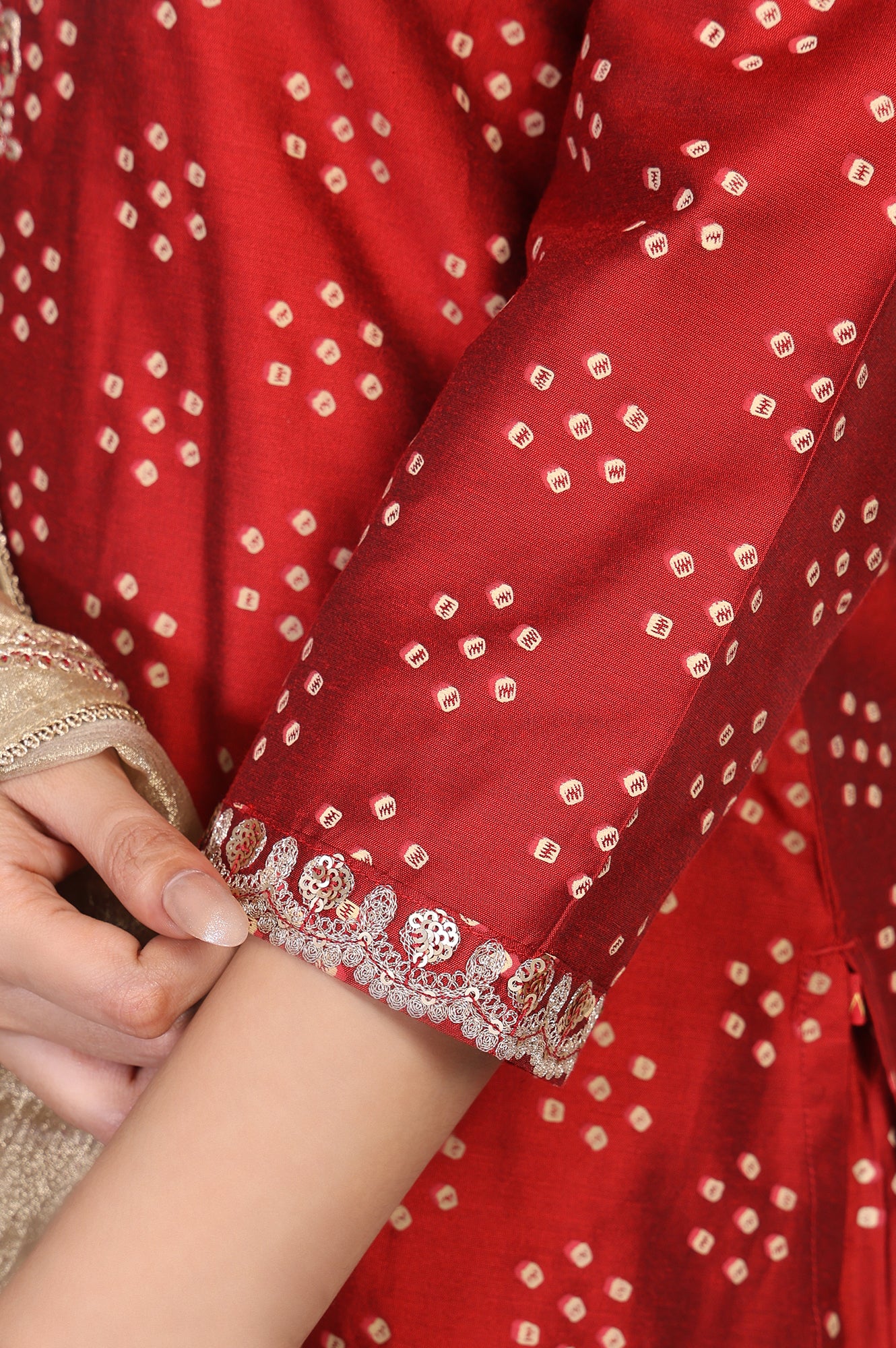 Red Embroidered Straight Art Silk Kurta with Sharara and Dupatta Set