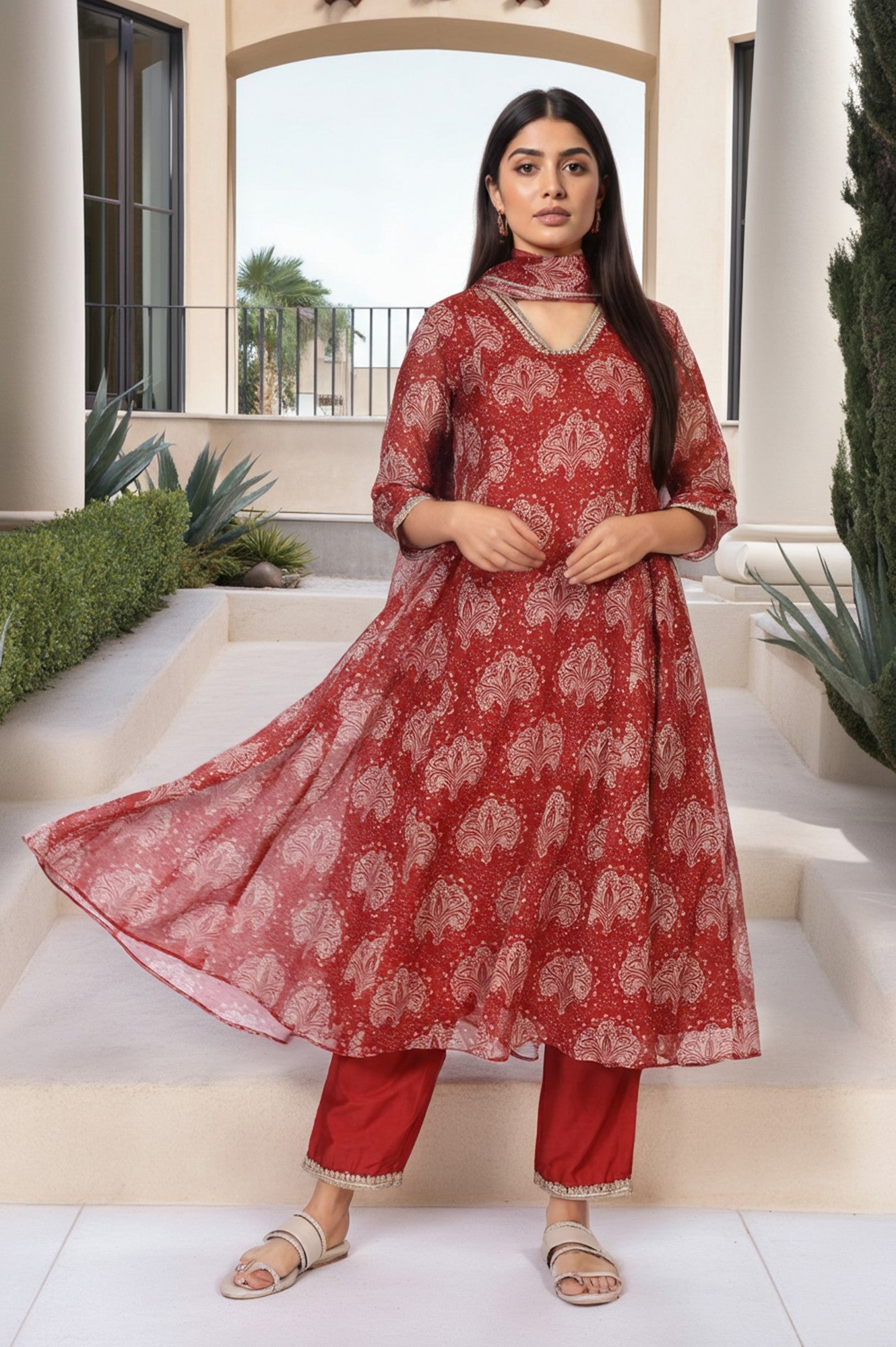 Red Ethnic Motifs Printed Embellished Anarkali Organza Kurta with Straight Pant and Dupatta Set