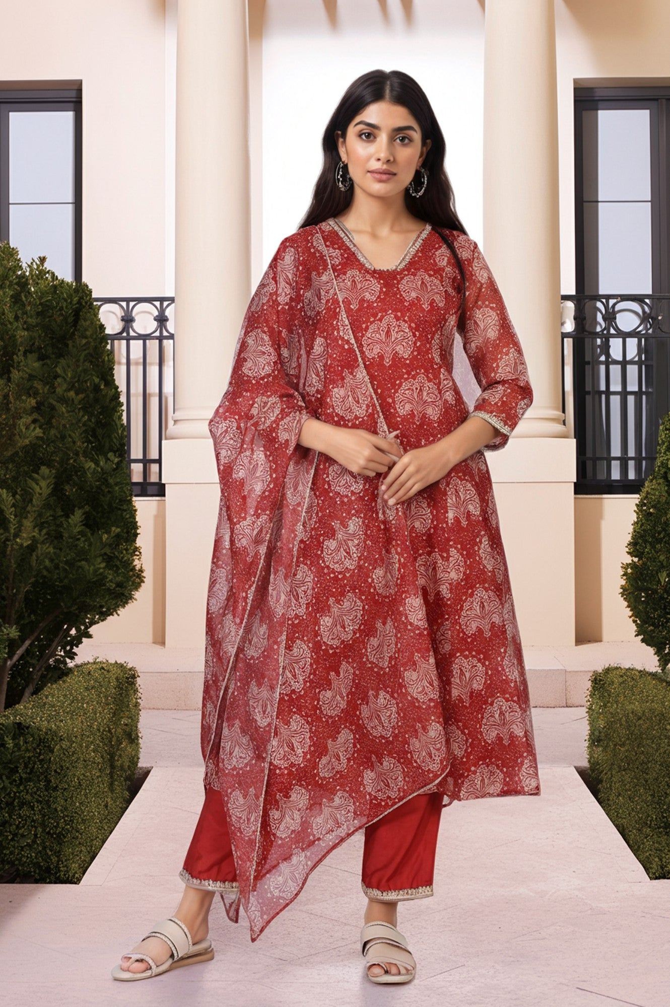 Red Ethnic Motifs Printed Embellished Anarkali Organza Kurta with Straight Pant and Dupatta Set