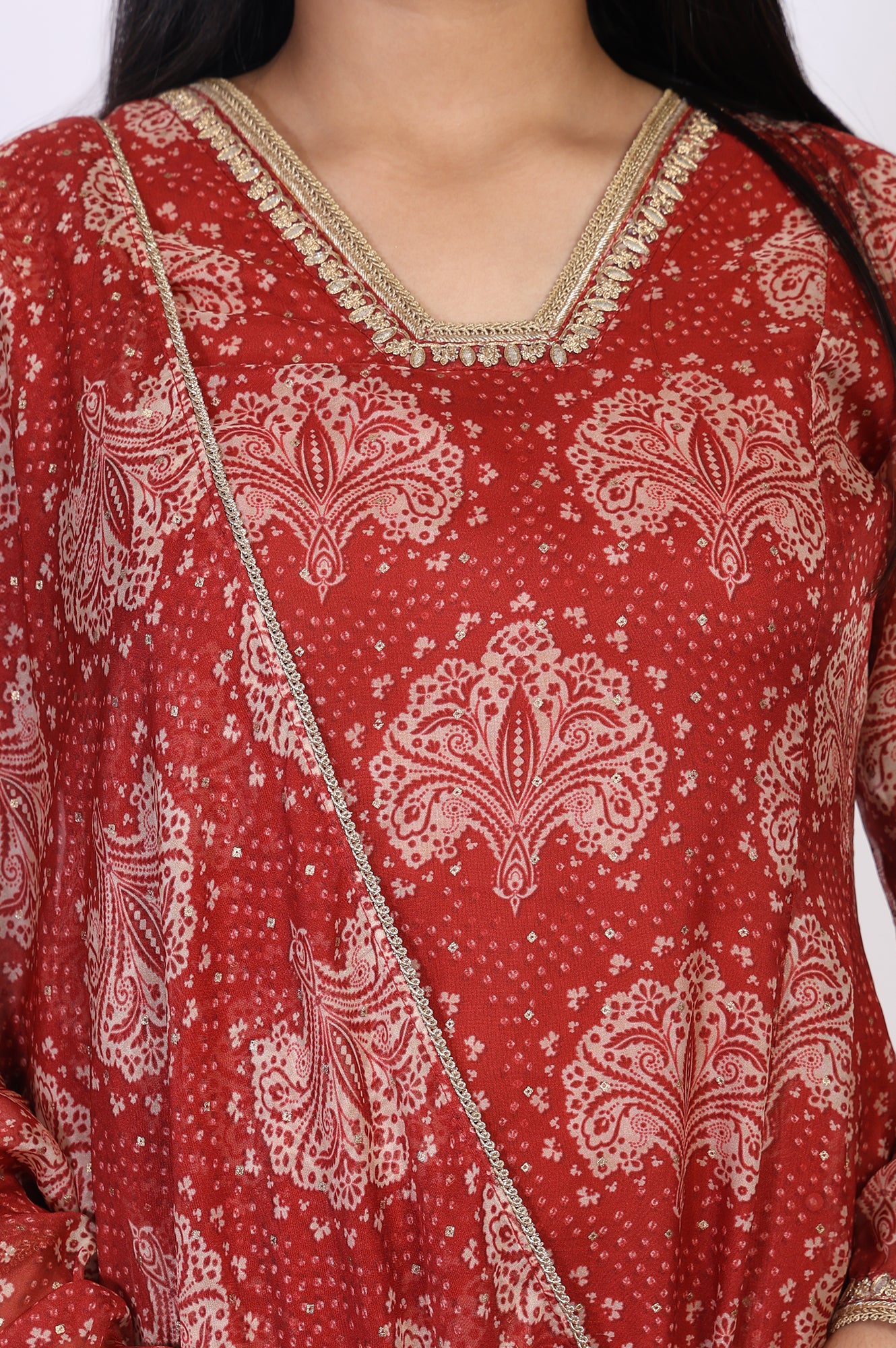 Red Ethnic Motifs Printed Embellished Anarkali Organza Kurta with Straight Pant and Dupatta Set