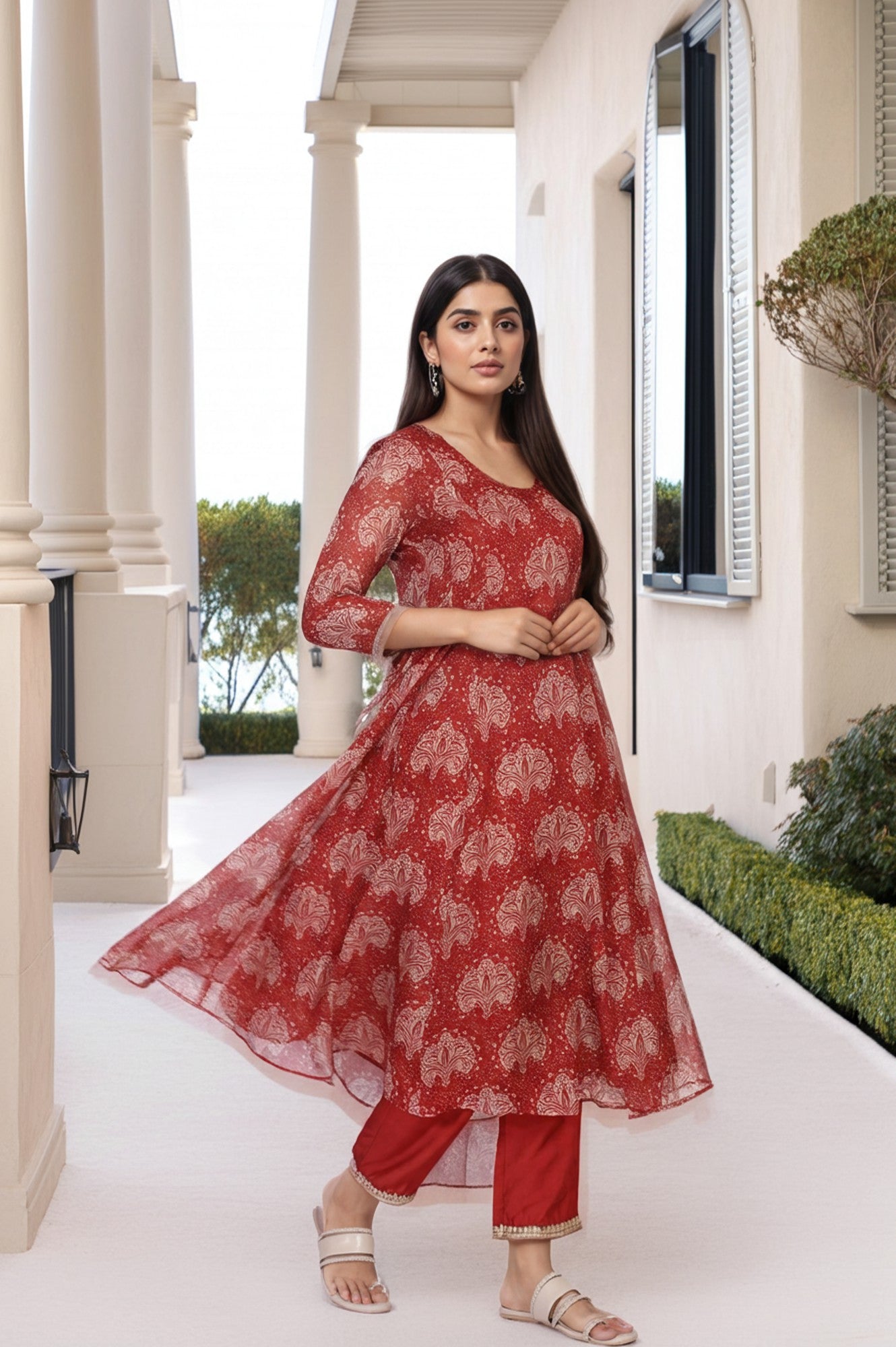 Red Ethnic Motifs Printed Embellished Anarkali Organza Kurta with Straight Pant and Dupatta Set