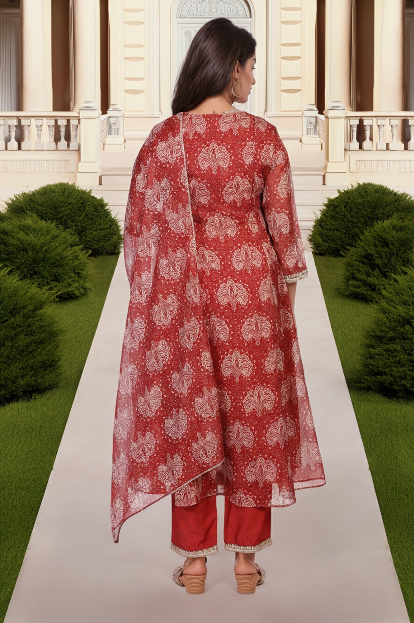 Red Ethnic Motifs Printed Embellished Anarkali Organza Kurta with Straight Pant and Dupatta Set