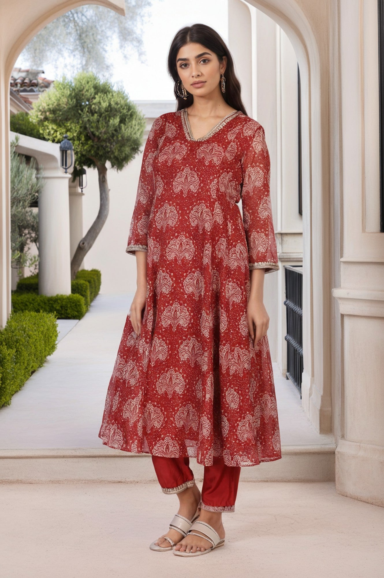 Red Ethnic Motifs Printed Embellished Anarkali Organza Kurta with Straight Pant and Dupatta Set