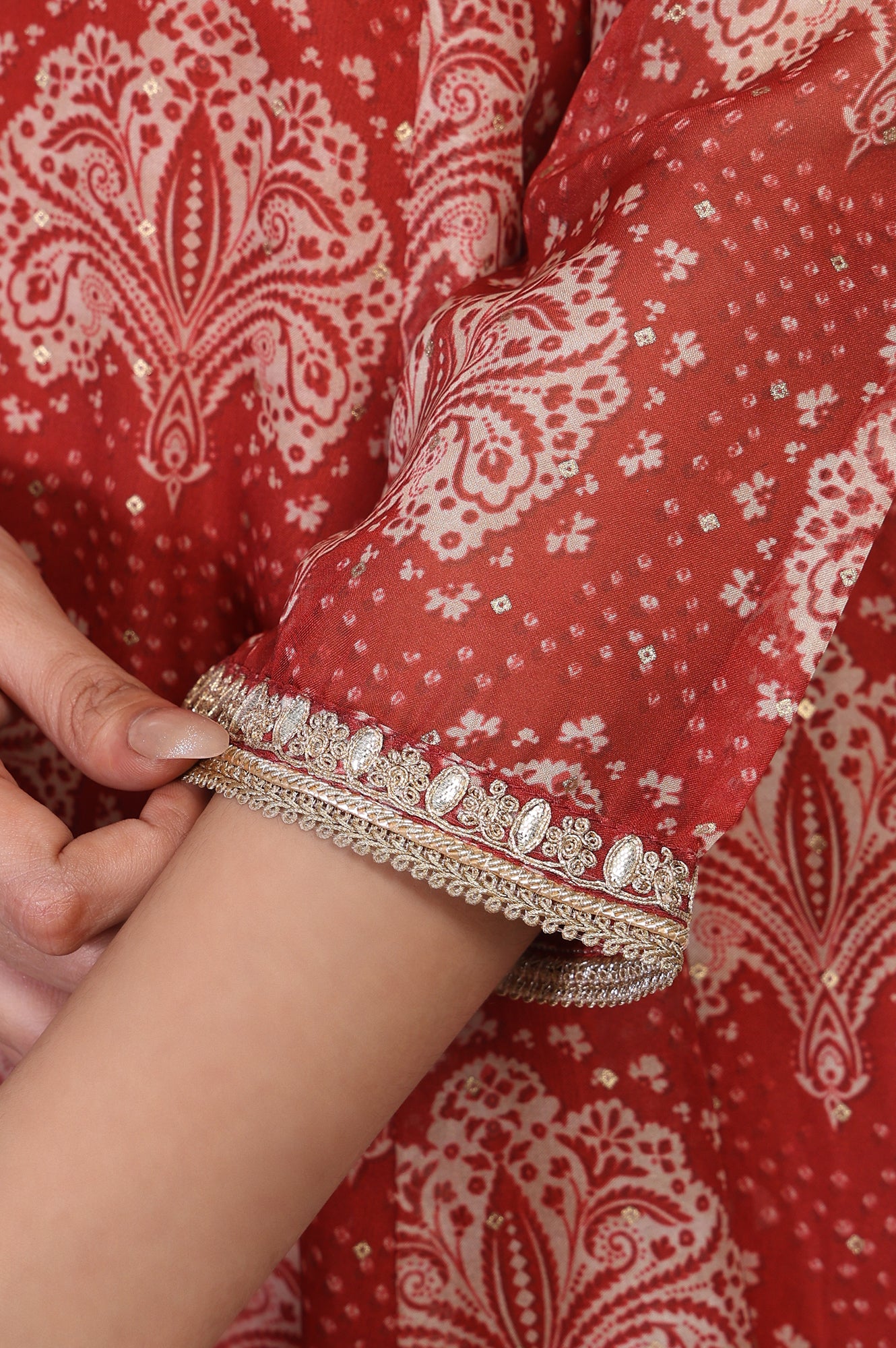 Red Ethnic Motifs Printed Embellished Anarkali Organza Kurta with Straight Pant and Dupatta Set