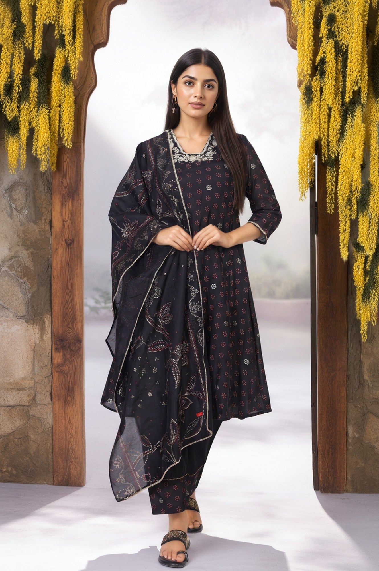 Black Embroidered A-Line Kurta with Straight Pant and Dupatta Set