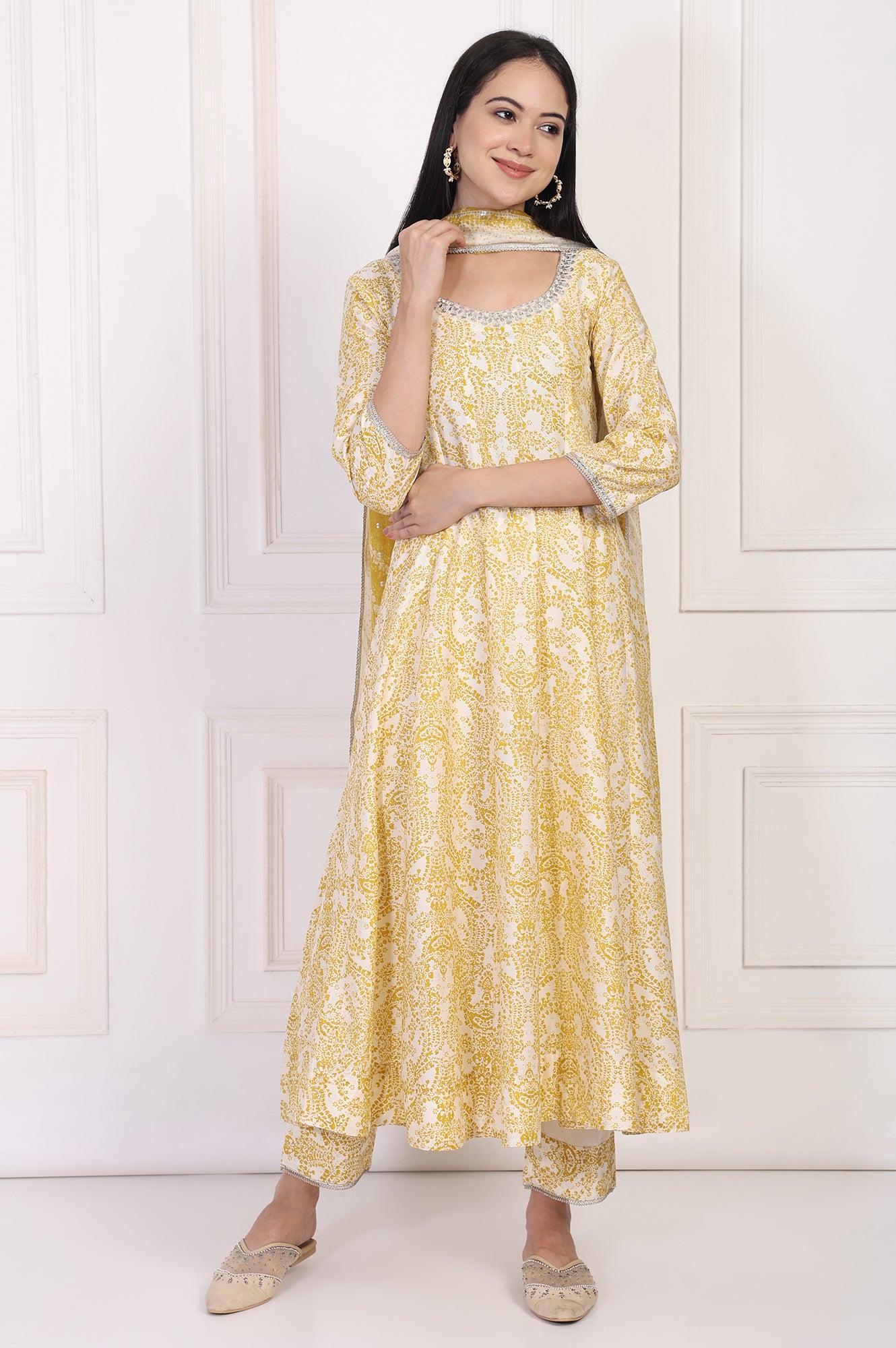 Yellow Paisley Printed Embellished Anarkali Kurta with Straight Pant and Dupatta Set