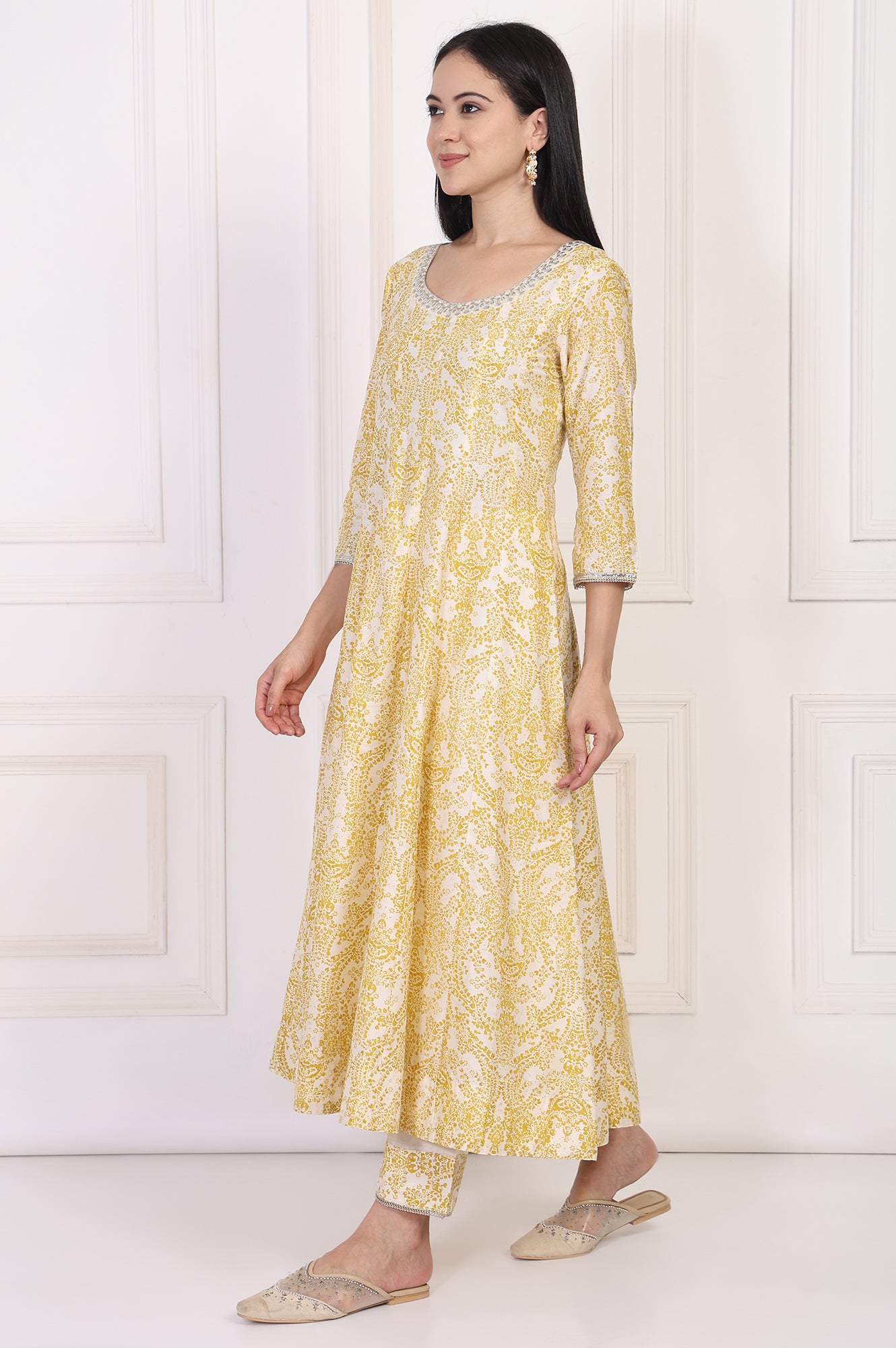 Yellow Paisley Printed Embellished Anarkali Kurta with Straight Pant and Dupatta Set