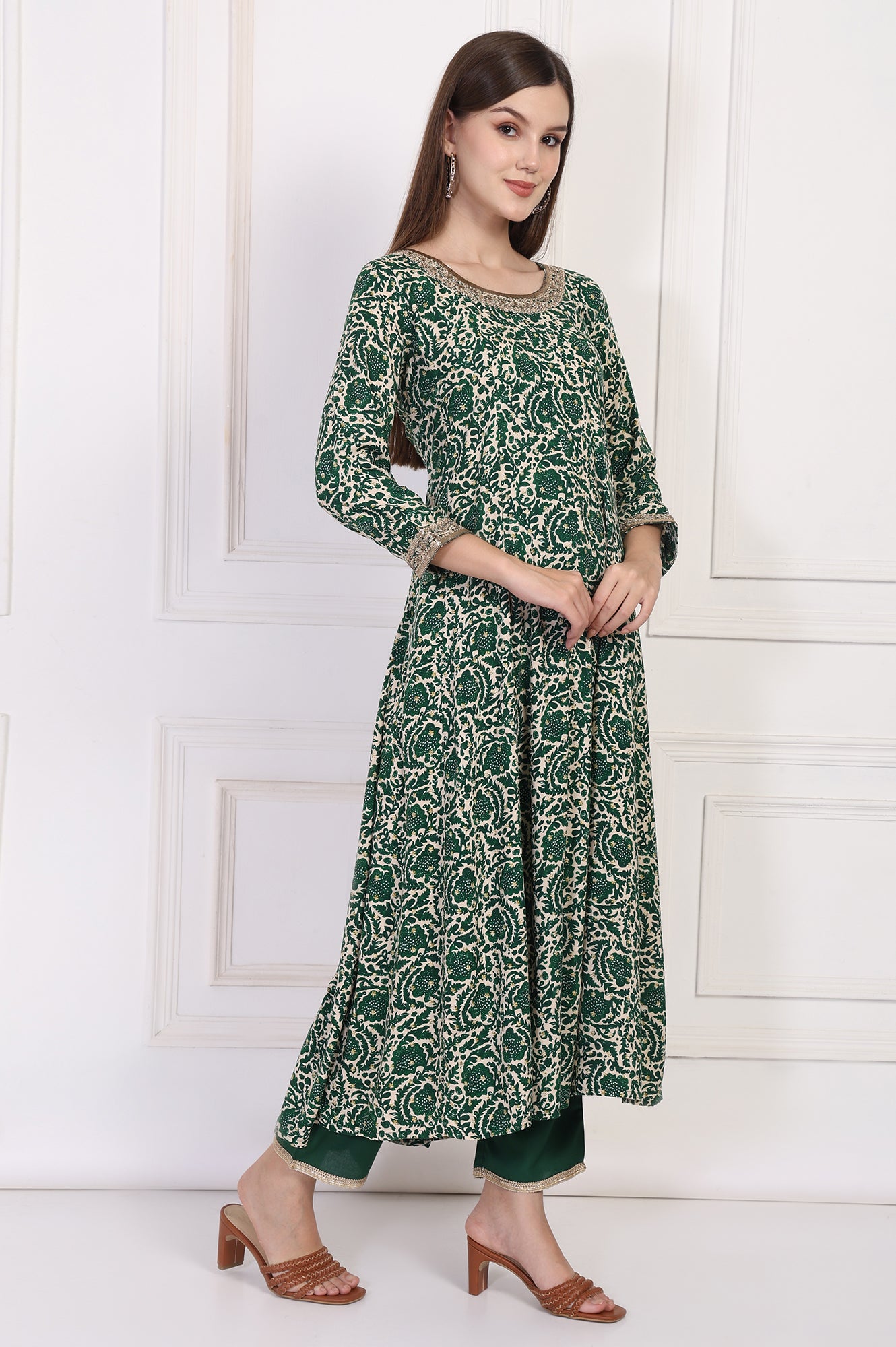 Green Ethnic Motifs Printed Embellished Anarkali Kurta with Straight Pant and Dupatta Set