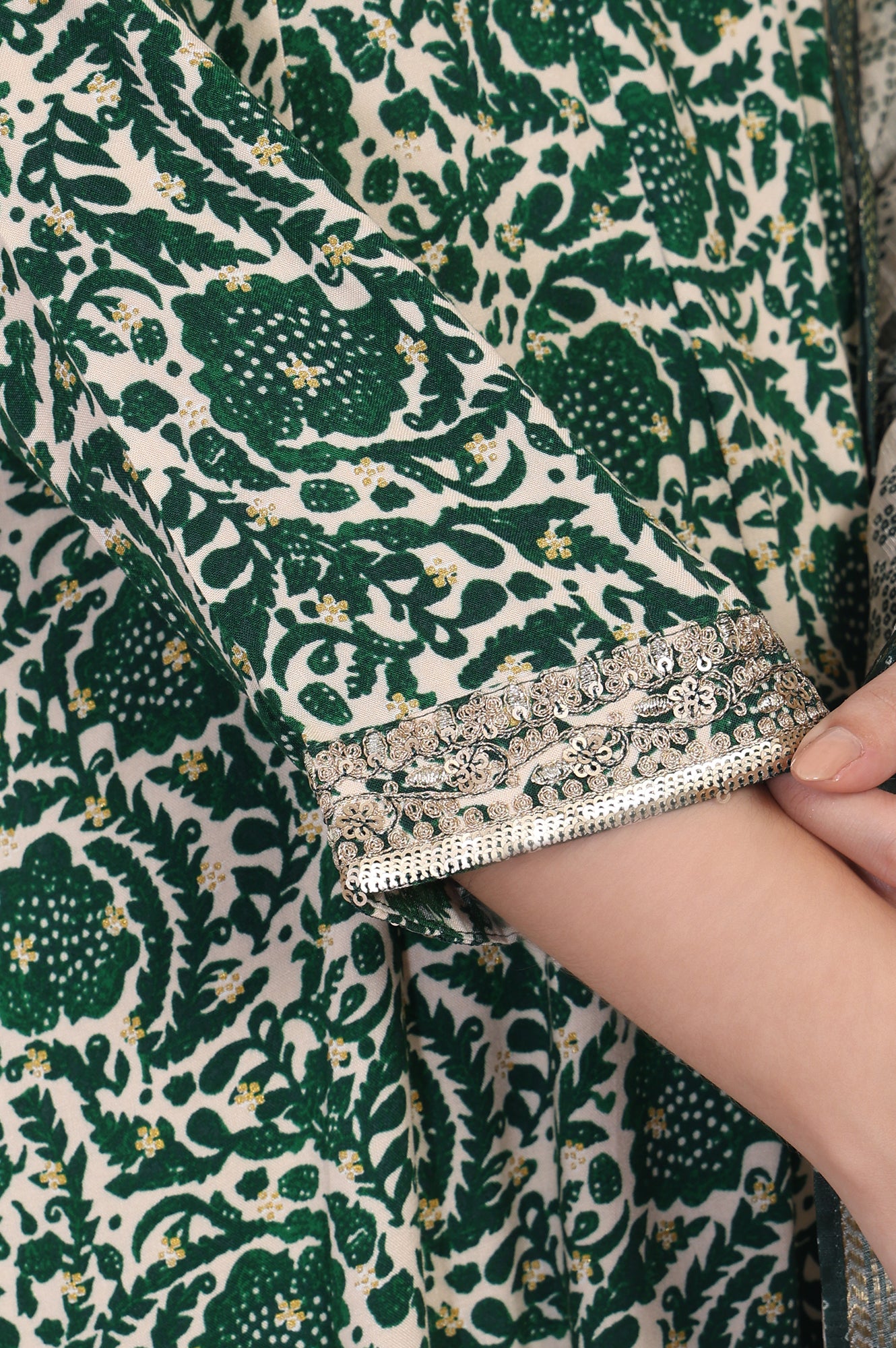 Green Ethnic Motifs Printed Embellished Anarkali Kurta with Straight Pant and Dupatta Set