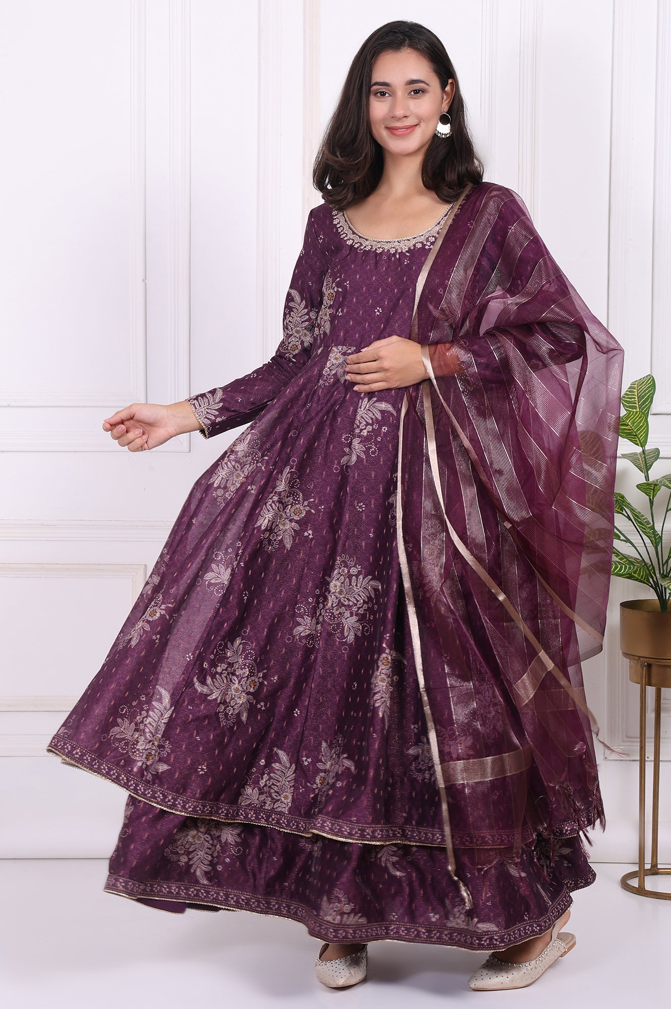 Purple Floral Printed Embroidered Anarkali Kurta with Dupatta Set