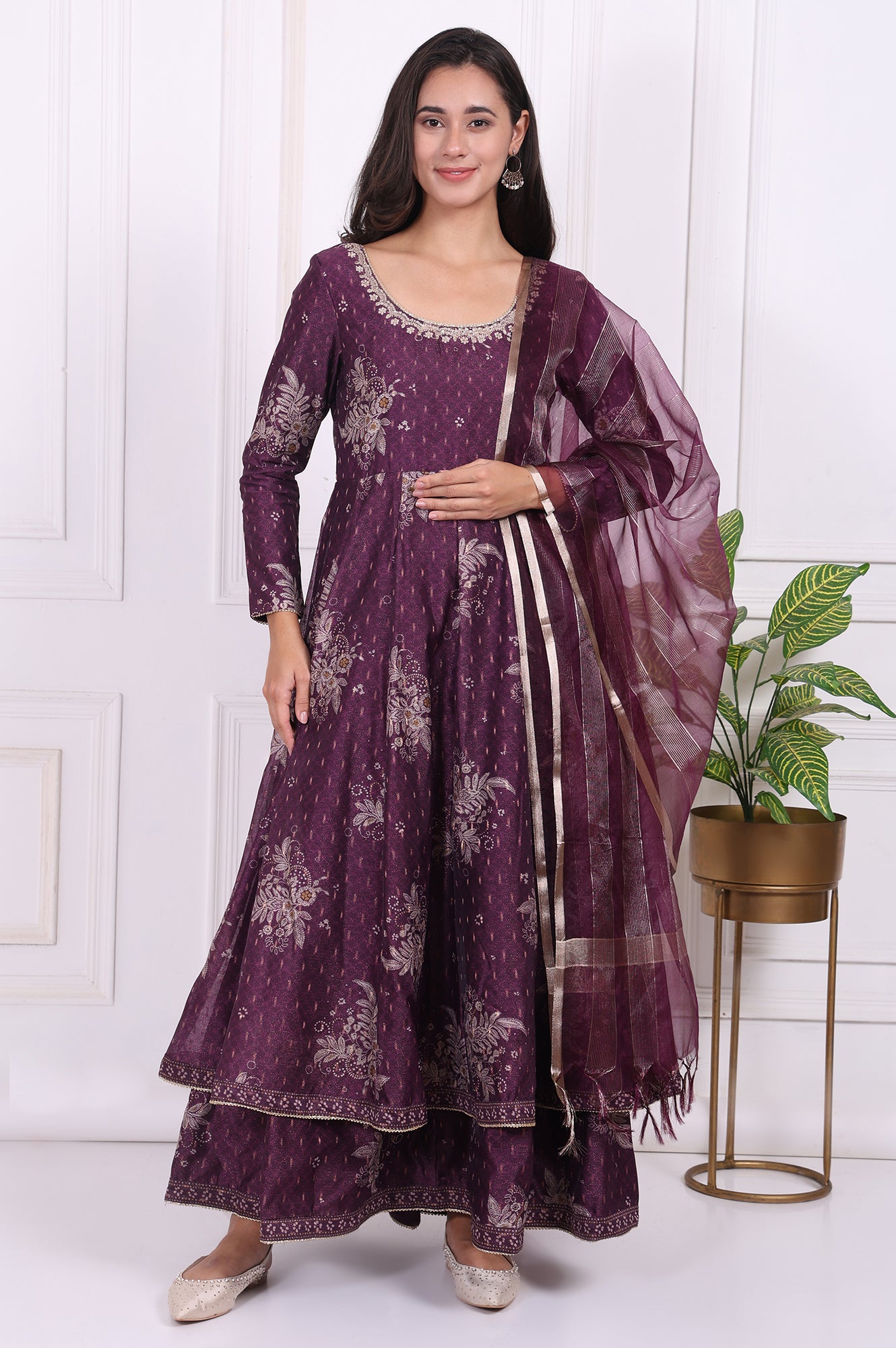 Purple Floral Printed Embroidered Anarkali Kurta with Dupatta Set