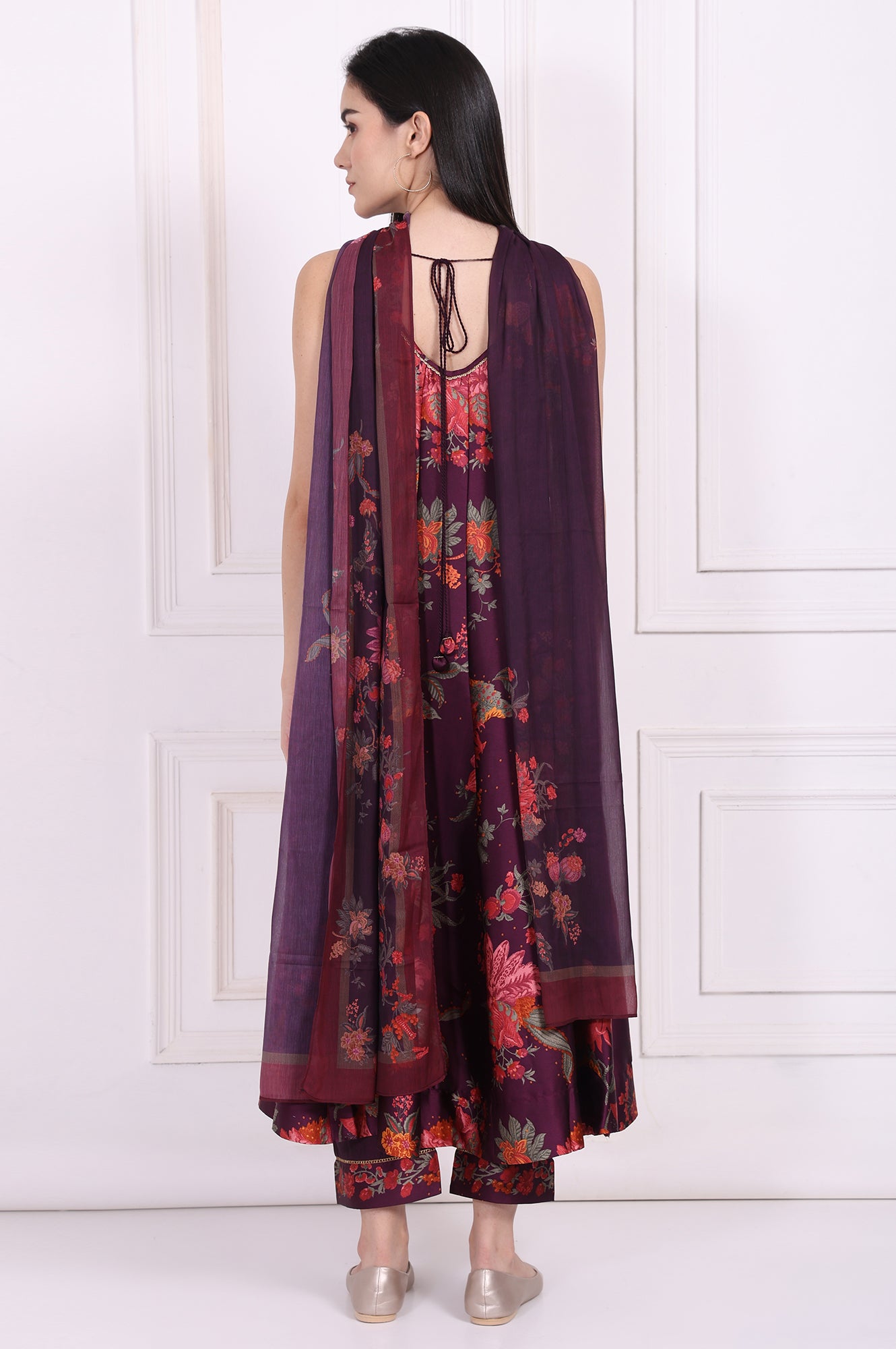 Purple Floral Printed Embellished Anarkali Satin Kurta with Straight Pant and Dupatta Set