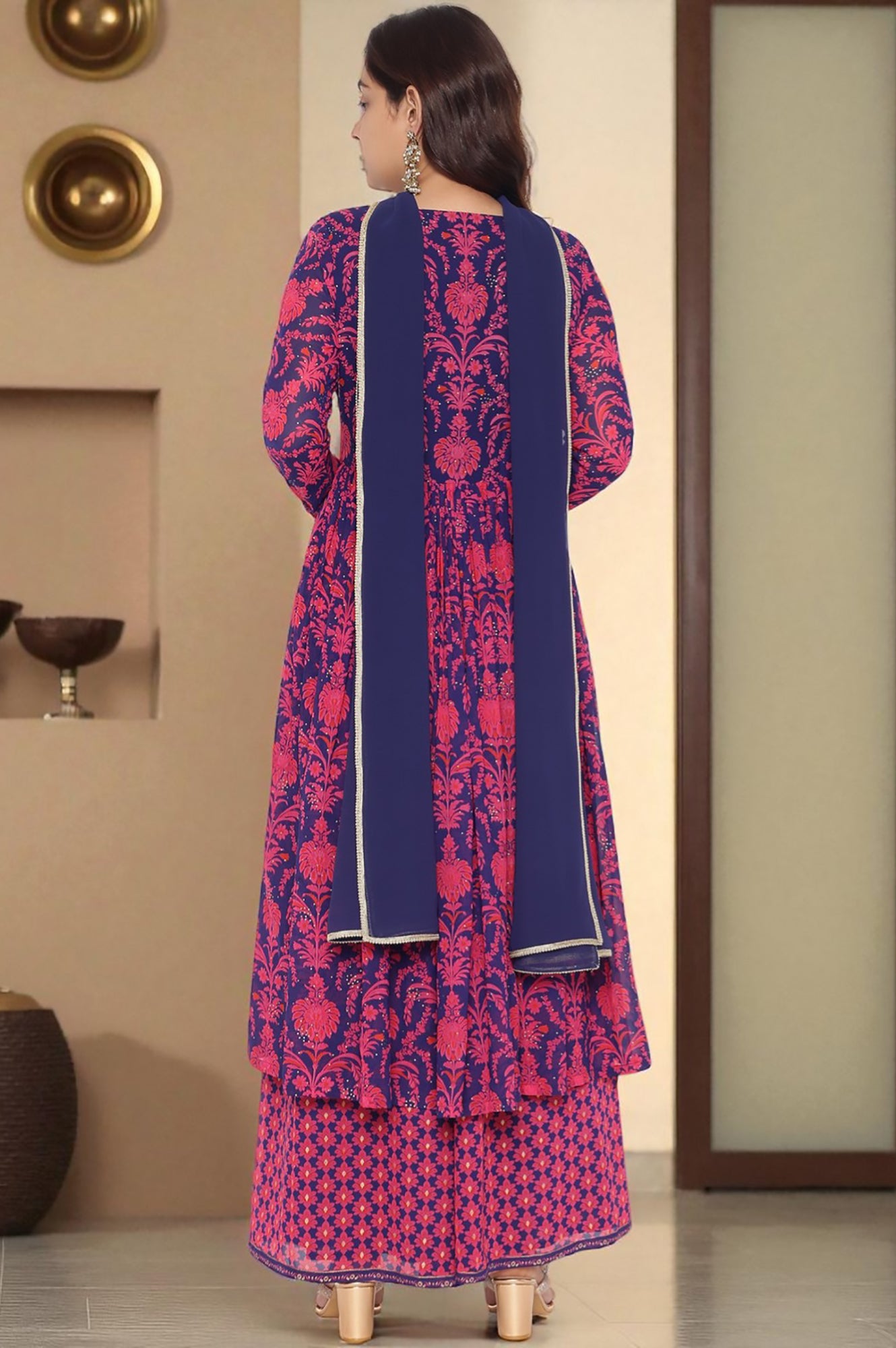 Pink Printed Georgette Flared Kurta, Flared Pant and Dupatta Set