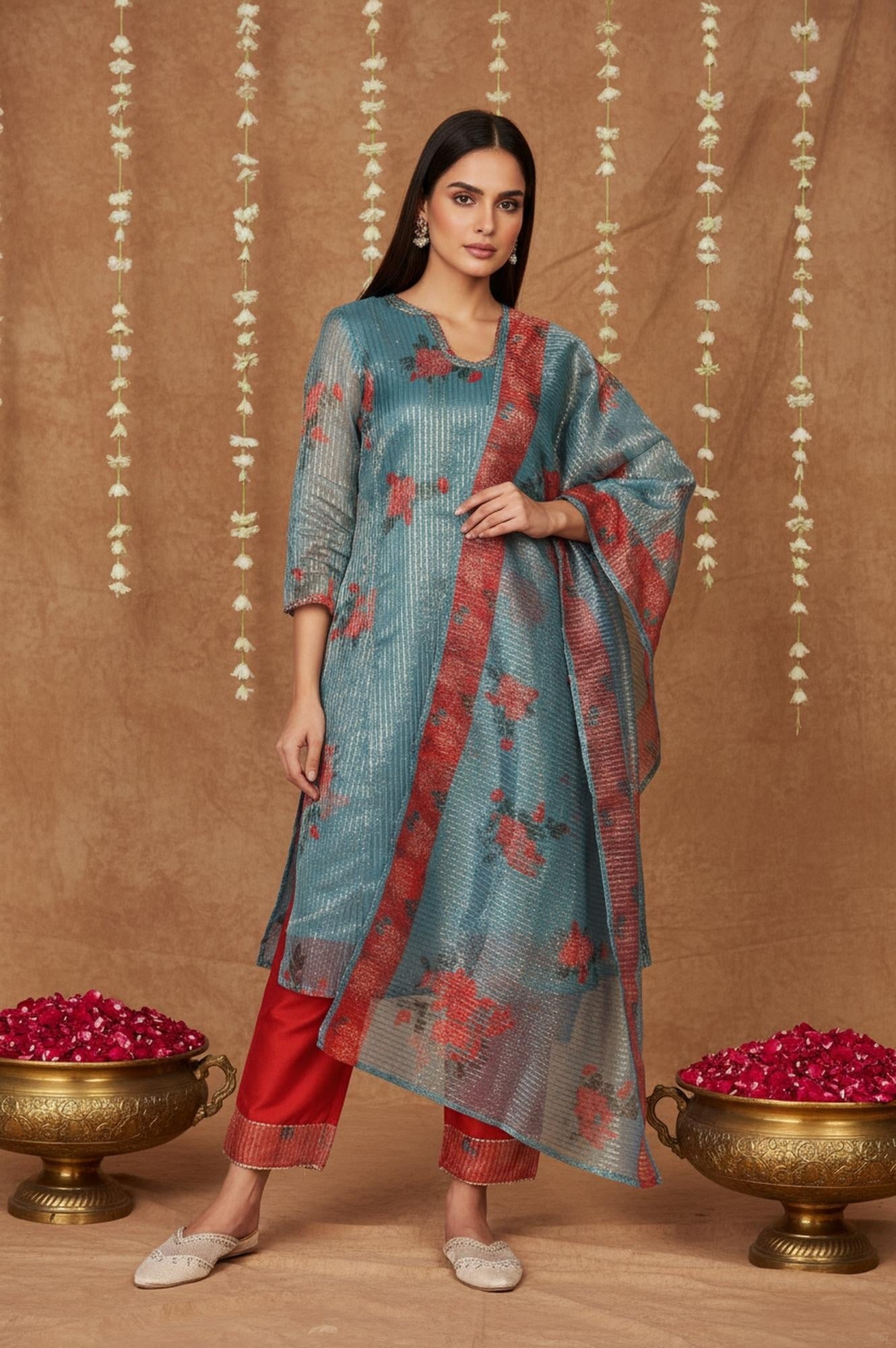 Teal Floral Printed Embroidered Neck Straight Lurex Kurta with Straight Pant and Dupatta Set