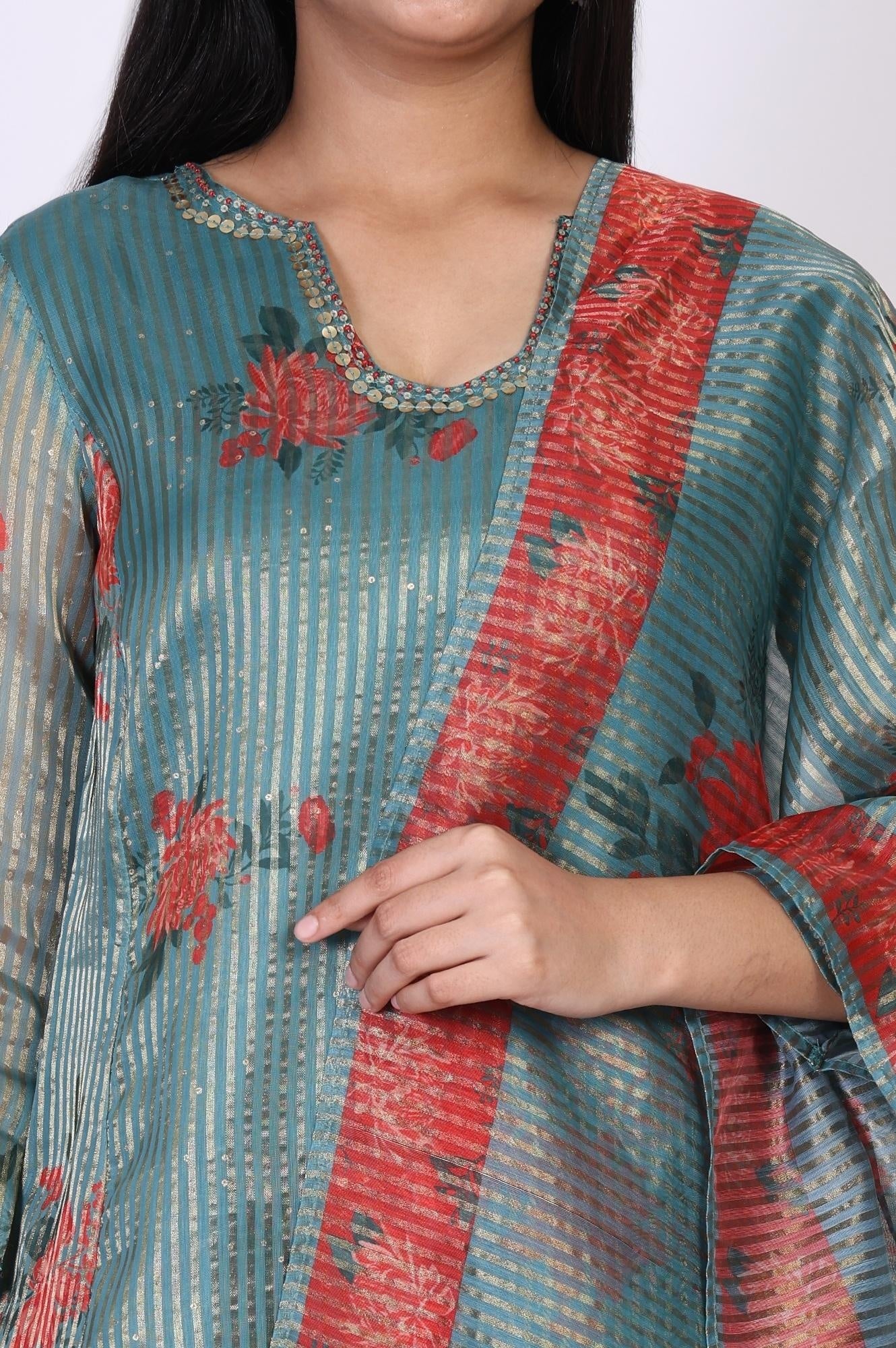 Teal Floral Printed Embroidered Neck Straight Lurex Kurta with Straight Pant and Dupatta Set