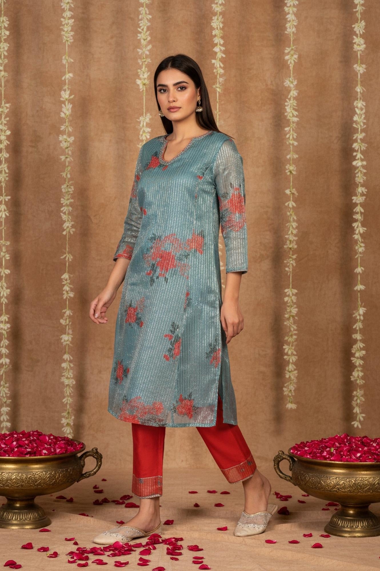 Teal Floral Printed Embroidered Neck Straight Lurex Kurta with Straight Pant and Dupatta Set