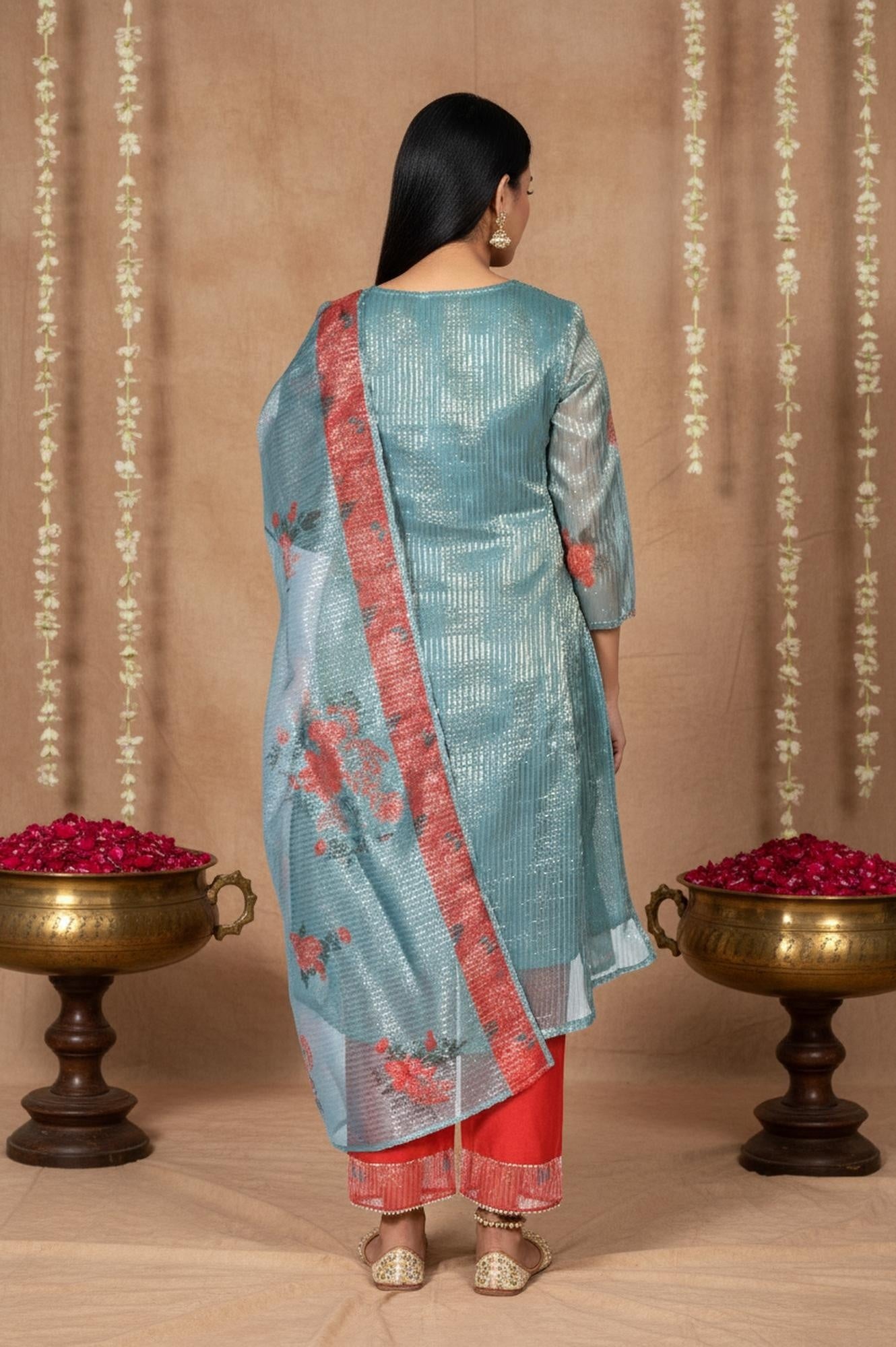 Teal Floral Printed Embroidered Neck Straight Lurex Kurta with Straight Pant and Dupatta Set