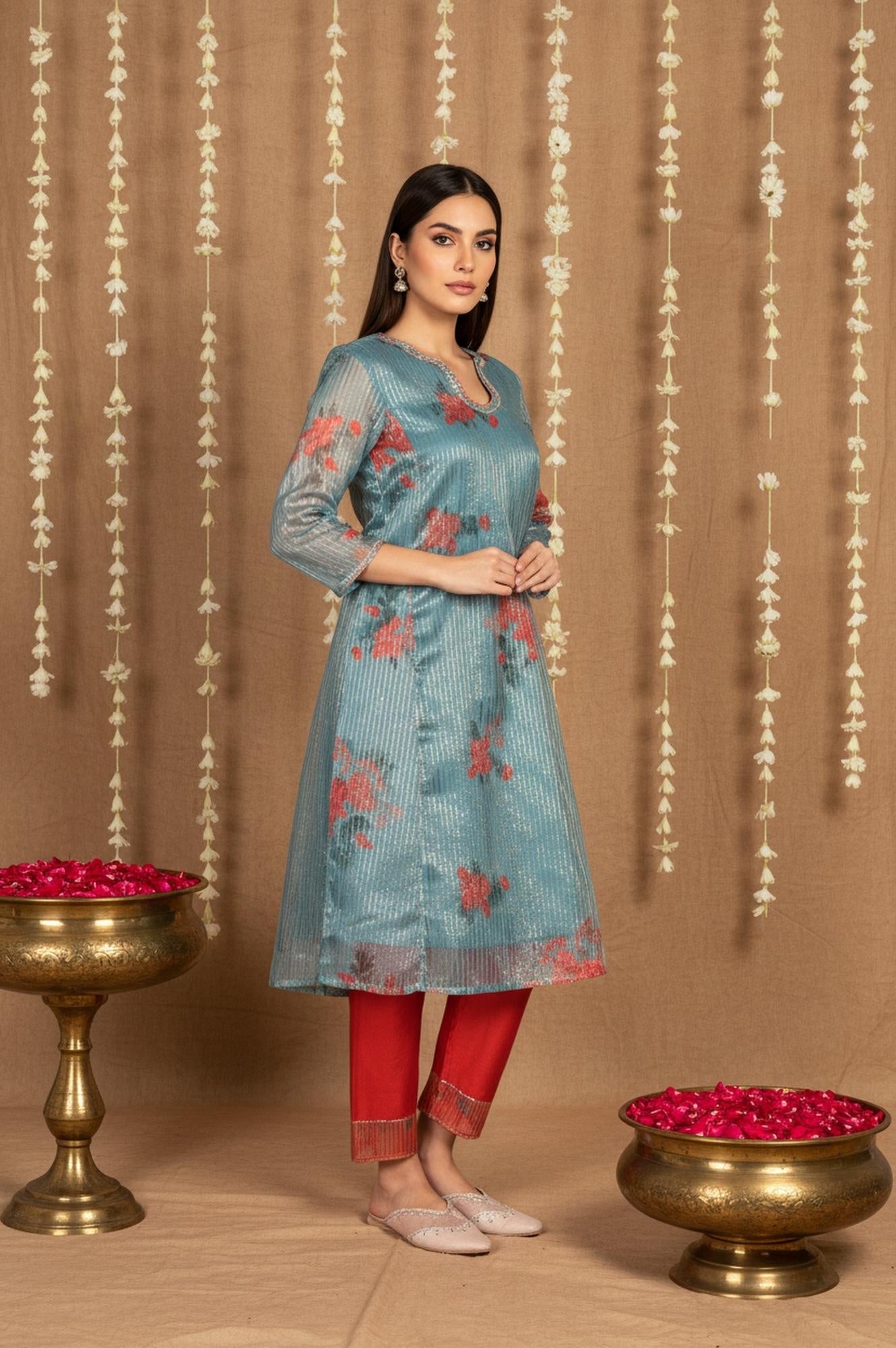 Teal Floral Printed Embroidered Neck Straight Lurex Kurta with Straight Pant and Dupatta Set