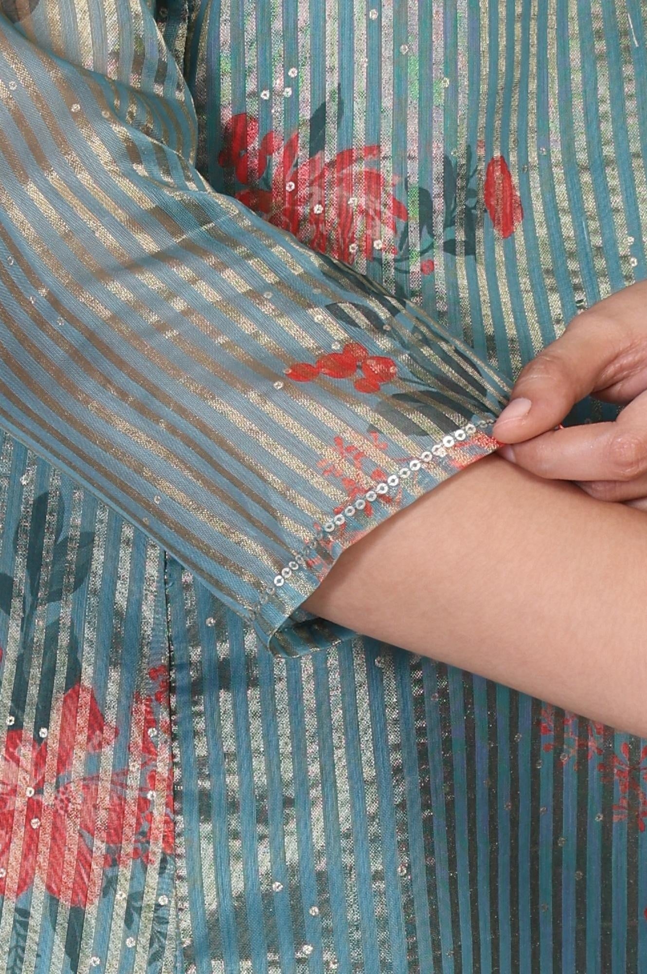 Teal Floral Printed Embroidered Neck Straight Lurex Kurta with Straight Pant and Dupatta Set