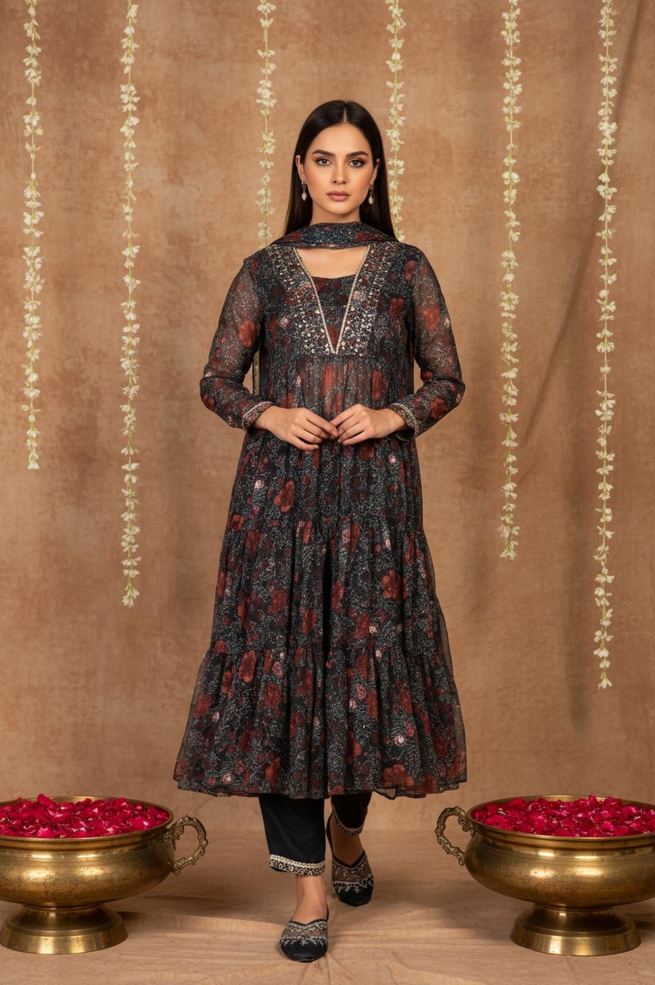 Black Floral Embroidered Anarkali Chiffon Kurta with Straight Pant Set