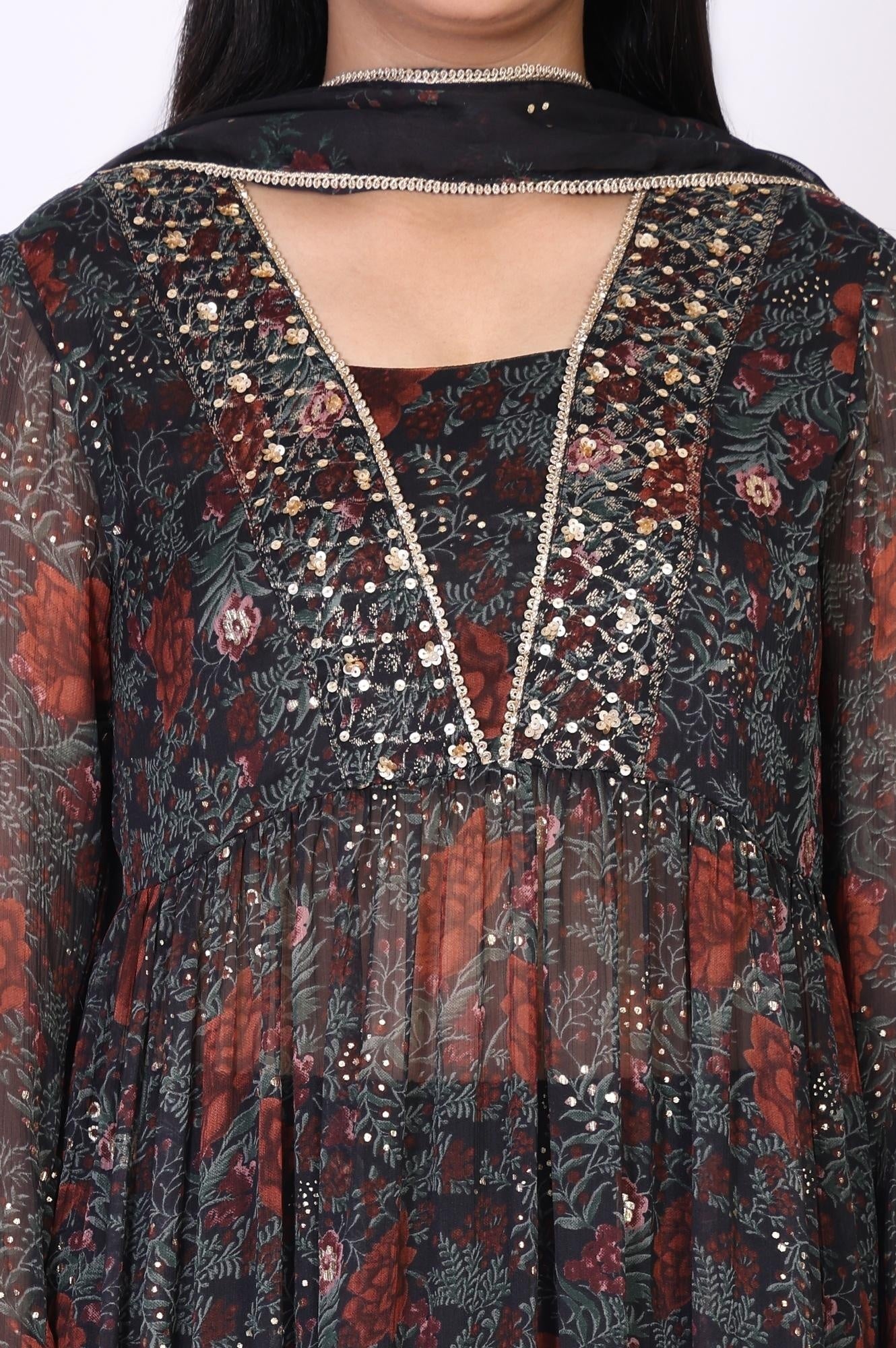 Black Floral Embroidered Anarkali Chiffon Kurta with Straight Pant Set