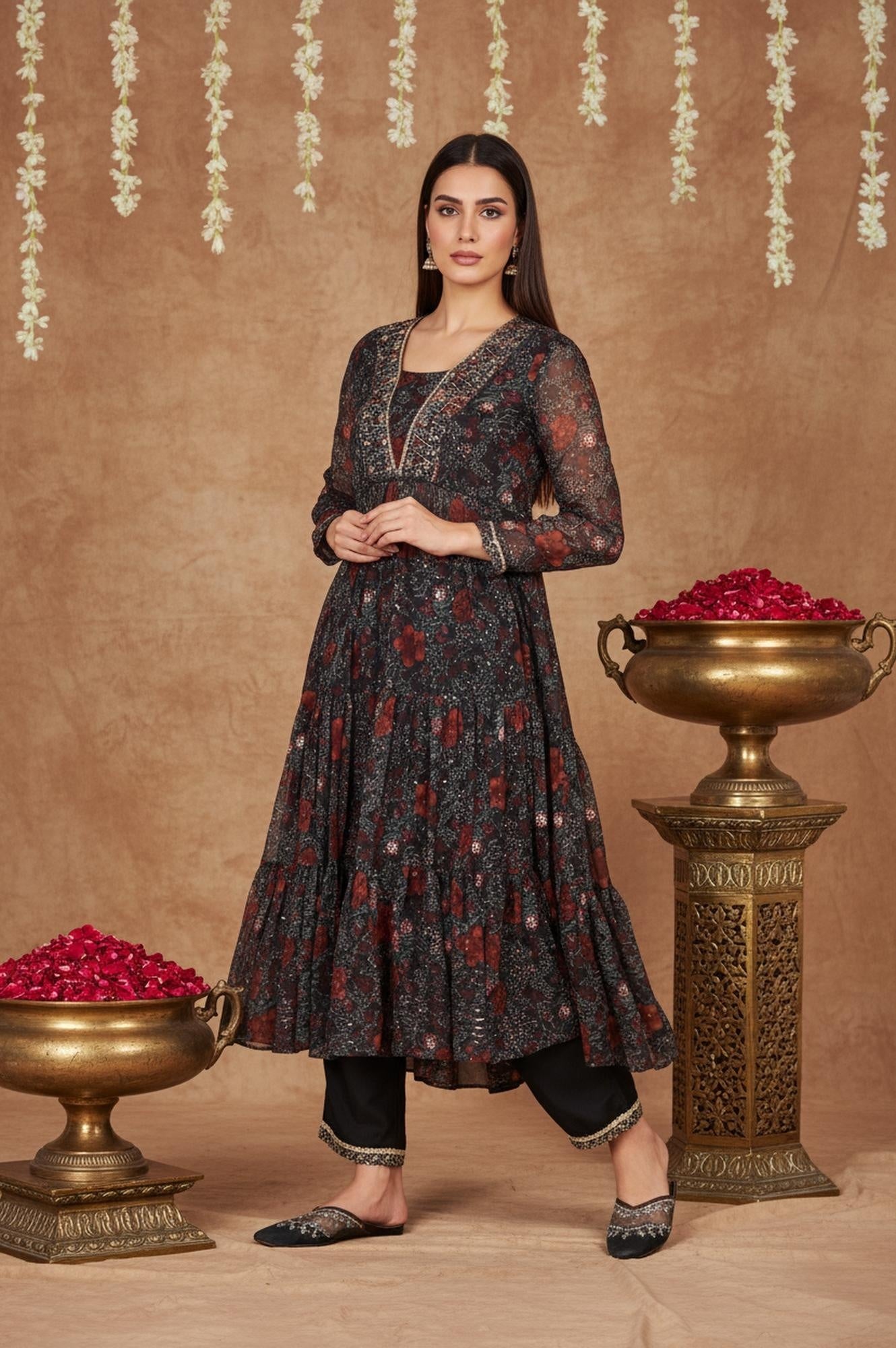 Black Floral Embroidered Anarkali Chiffon Kurta with Straight Pant Set
