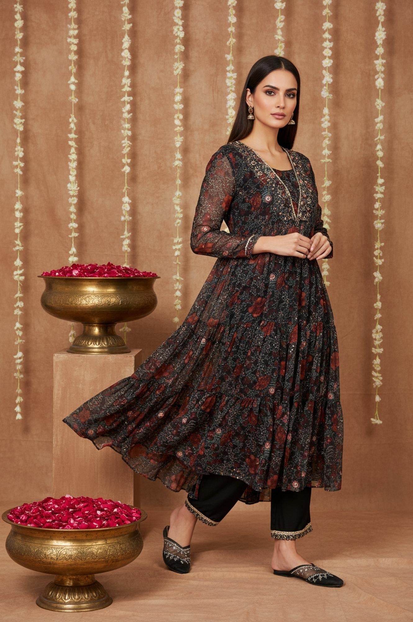 Black Floral Embroidered Anarkali Chiffon Kurta with Straight Pant Set