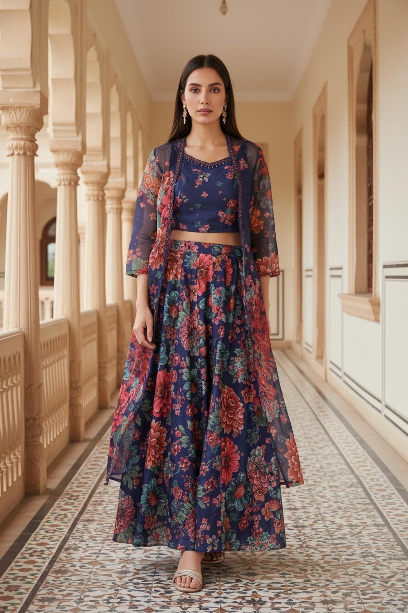 Navy Blue Floral Printed Embroidered Crop Top with Organza Jacket and Skirt Set