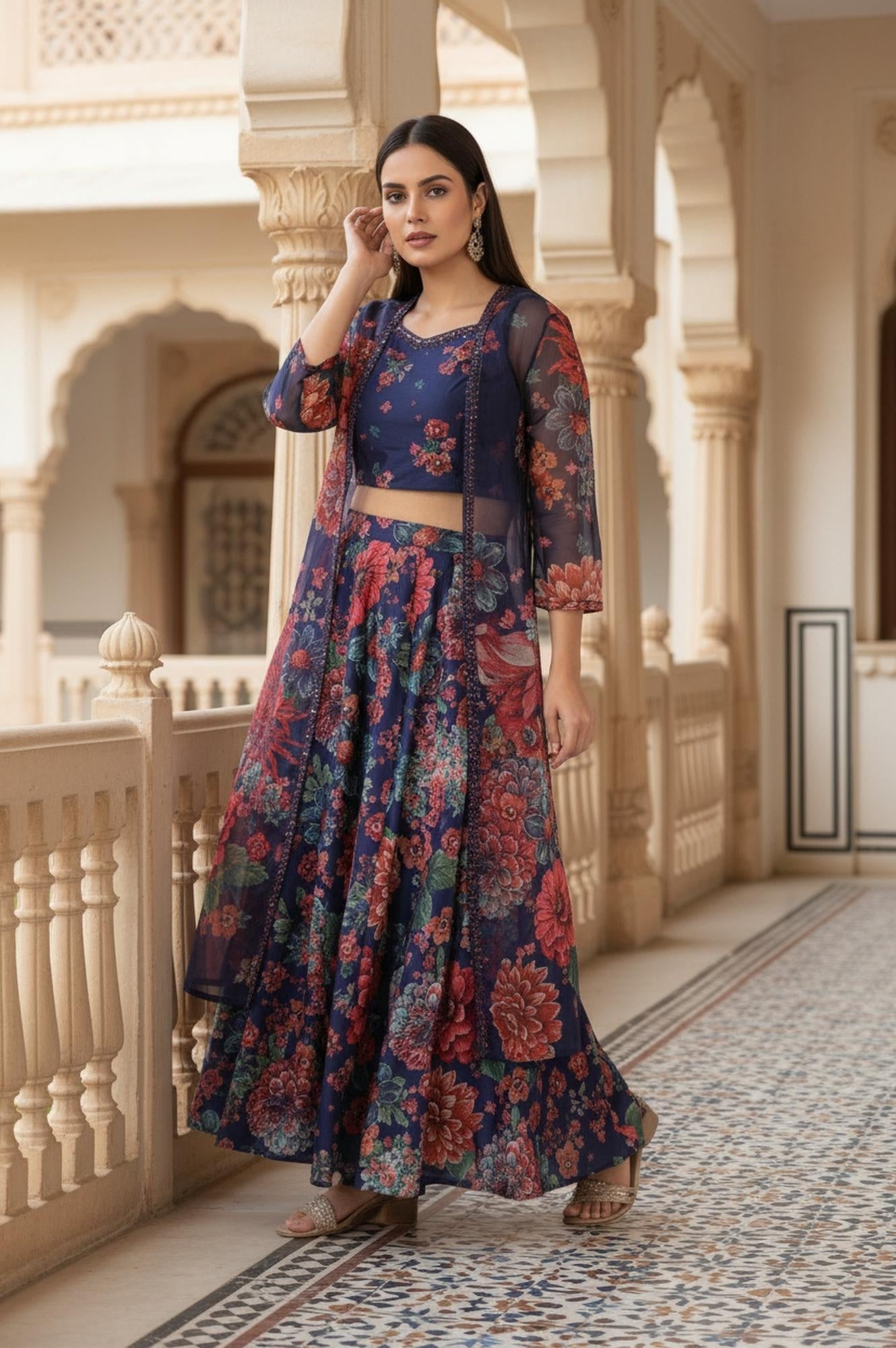 Navy Blue Floral Printed Embroidered Crop Top with Organza Jacket and Skirt Set