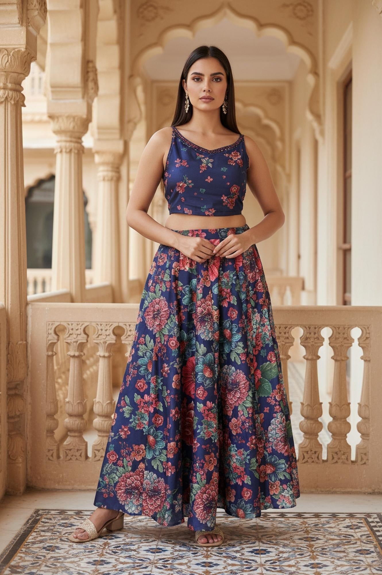Navy Blue Floral Printed Embroidered Crop Top with Organza Jacket and Skirt Set