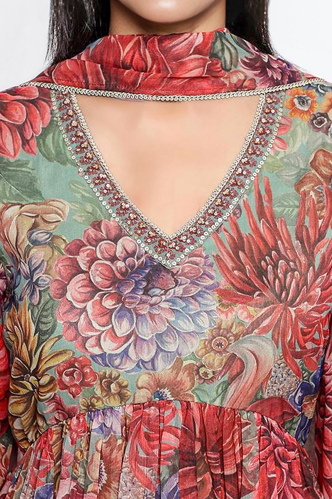 Multicolour Printed Silver Chiffon Flared Kurta, Sharara and Dupatta Set