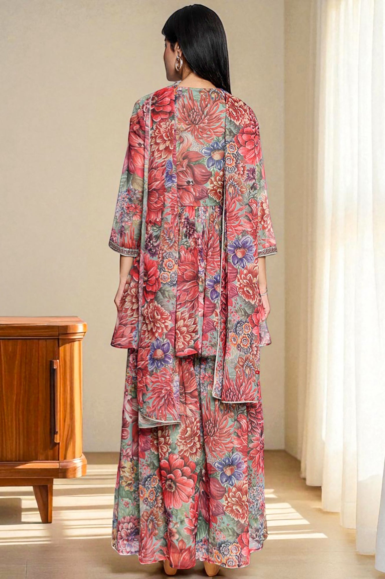 Multicolour Printed Silver Chiffon Flared Kurta, Sharara and Dupatta Set