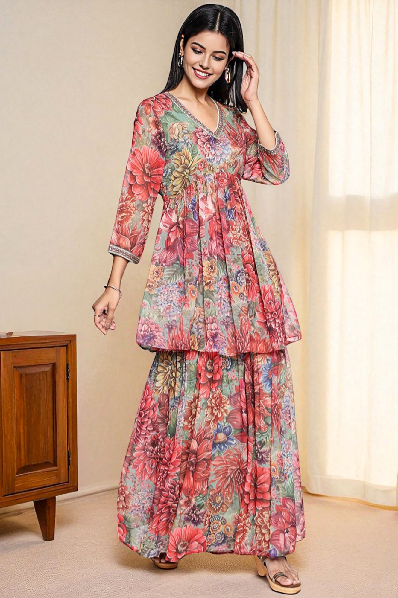 Multicolour Printed Silver Chiffon Flared Kurta, Sharara and Dupatta Set