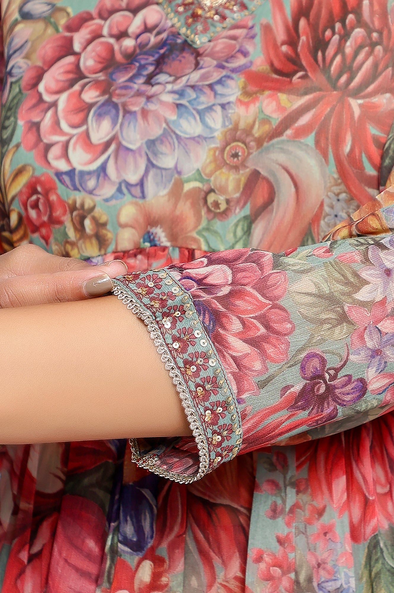 Multicolour Printed Silver Chiffon Flared Kurta, Sharara and Dupatta Set