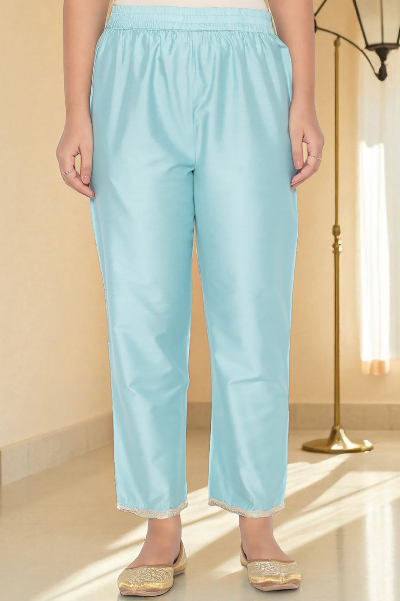 Blue Printed Chanderi Flared Kurta, Straight Pant and Dupatta Set