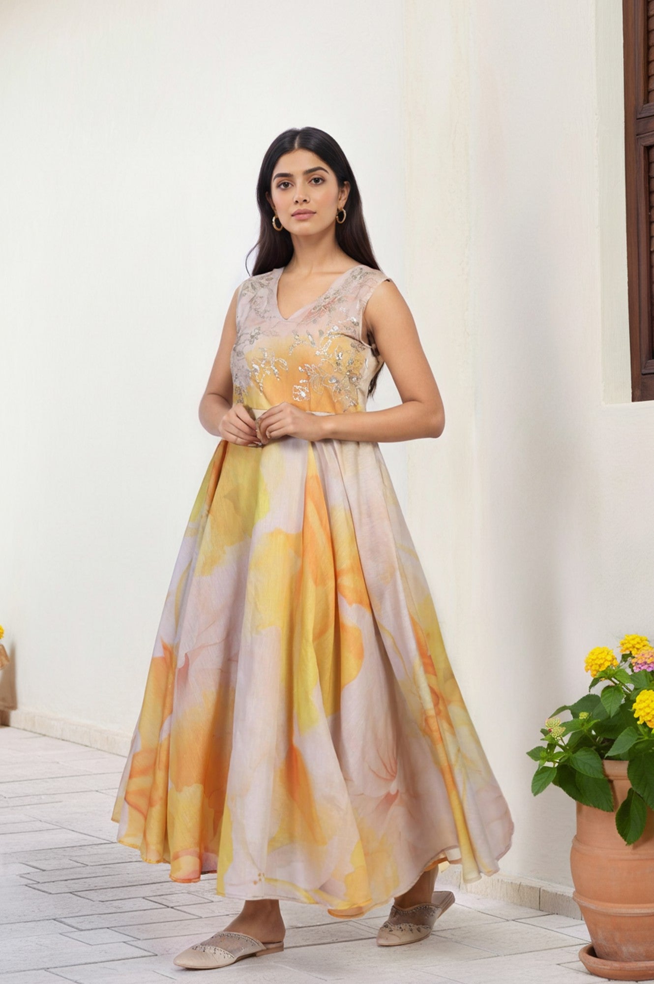 Beige Embroidered Organza Anarkali Kurta Set Dupatta Set