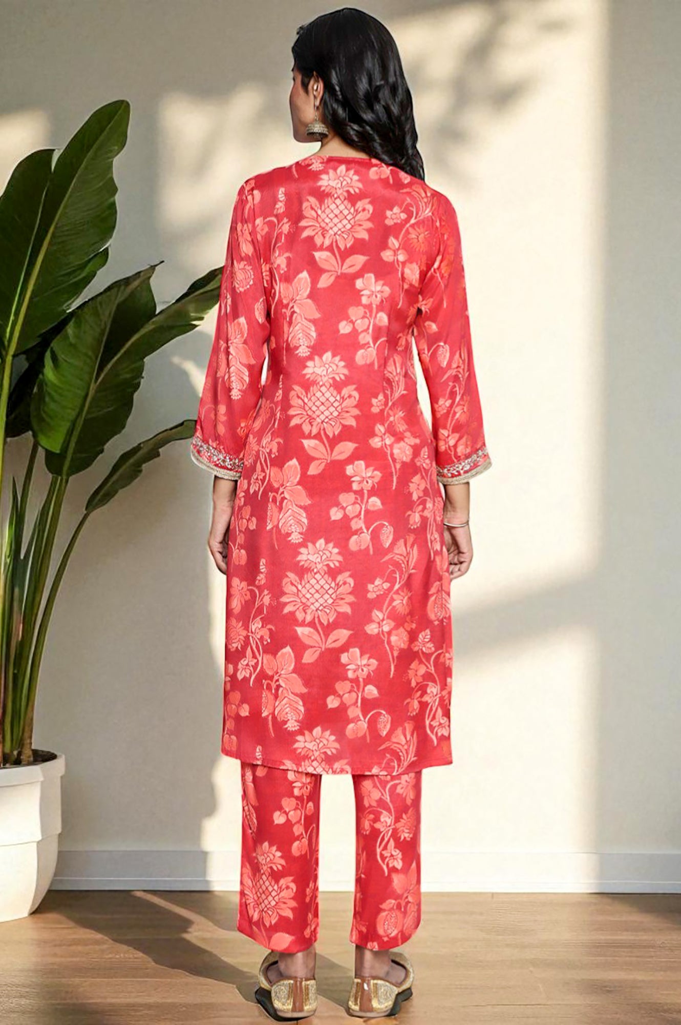 Crimson Red Printed Modal A-line Kurta and Straight Pant Set
