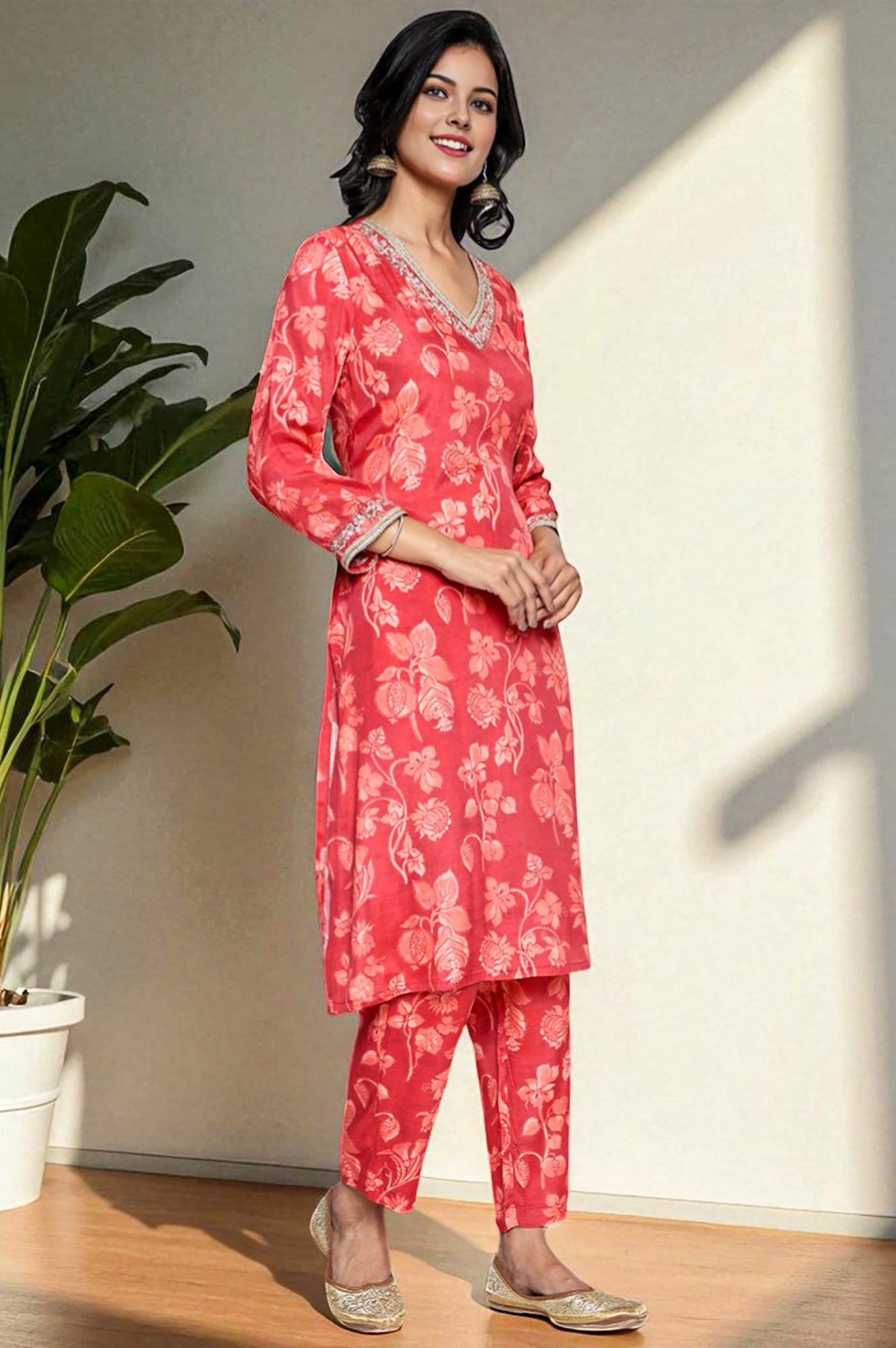 Crimson Red Printed Modal A-line Kurta and Straight Pant Set