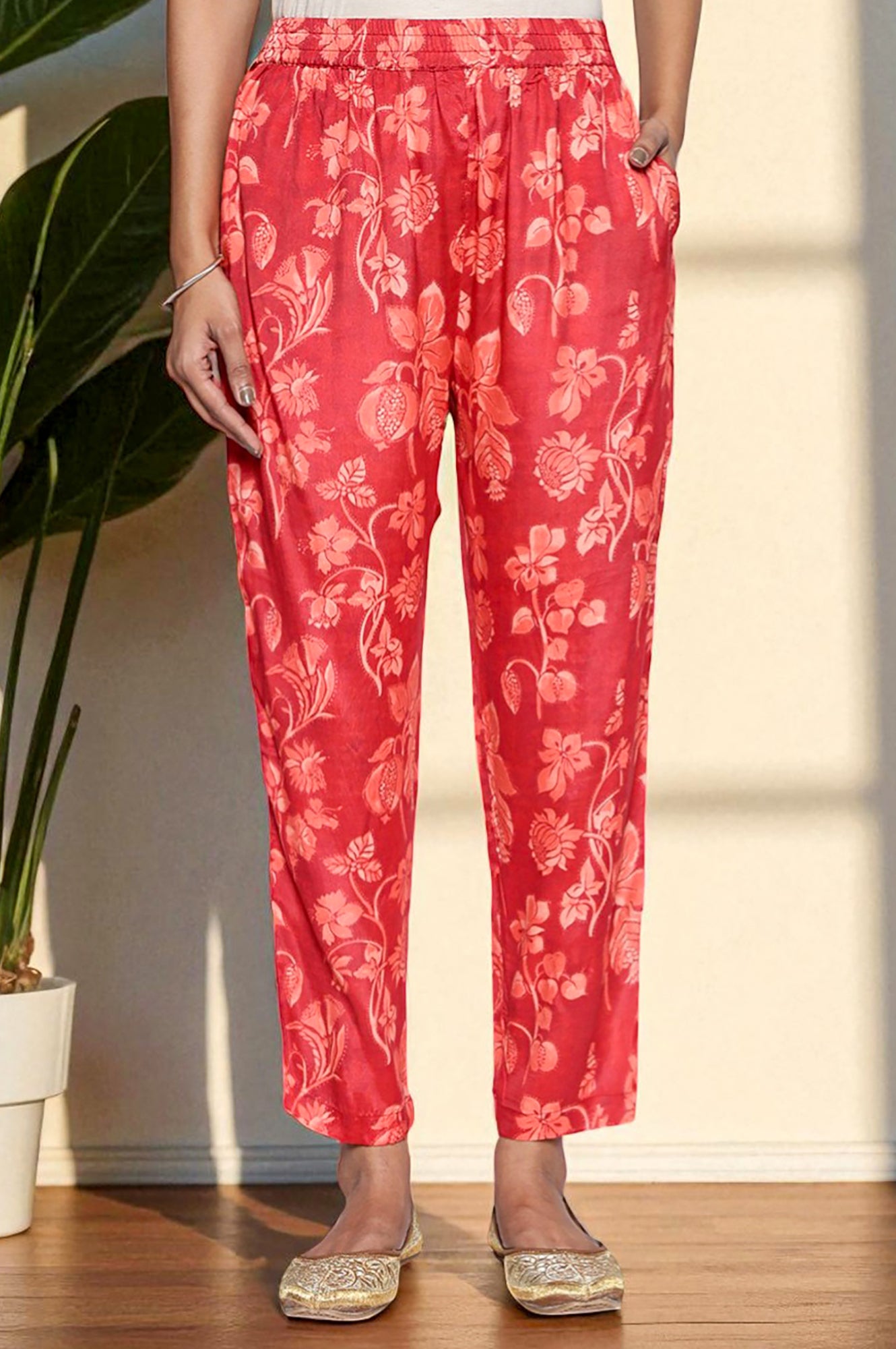 Crimson Red Printed Modal A-line Kurta and Straight Pant Set
