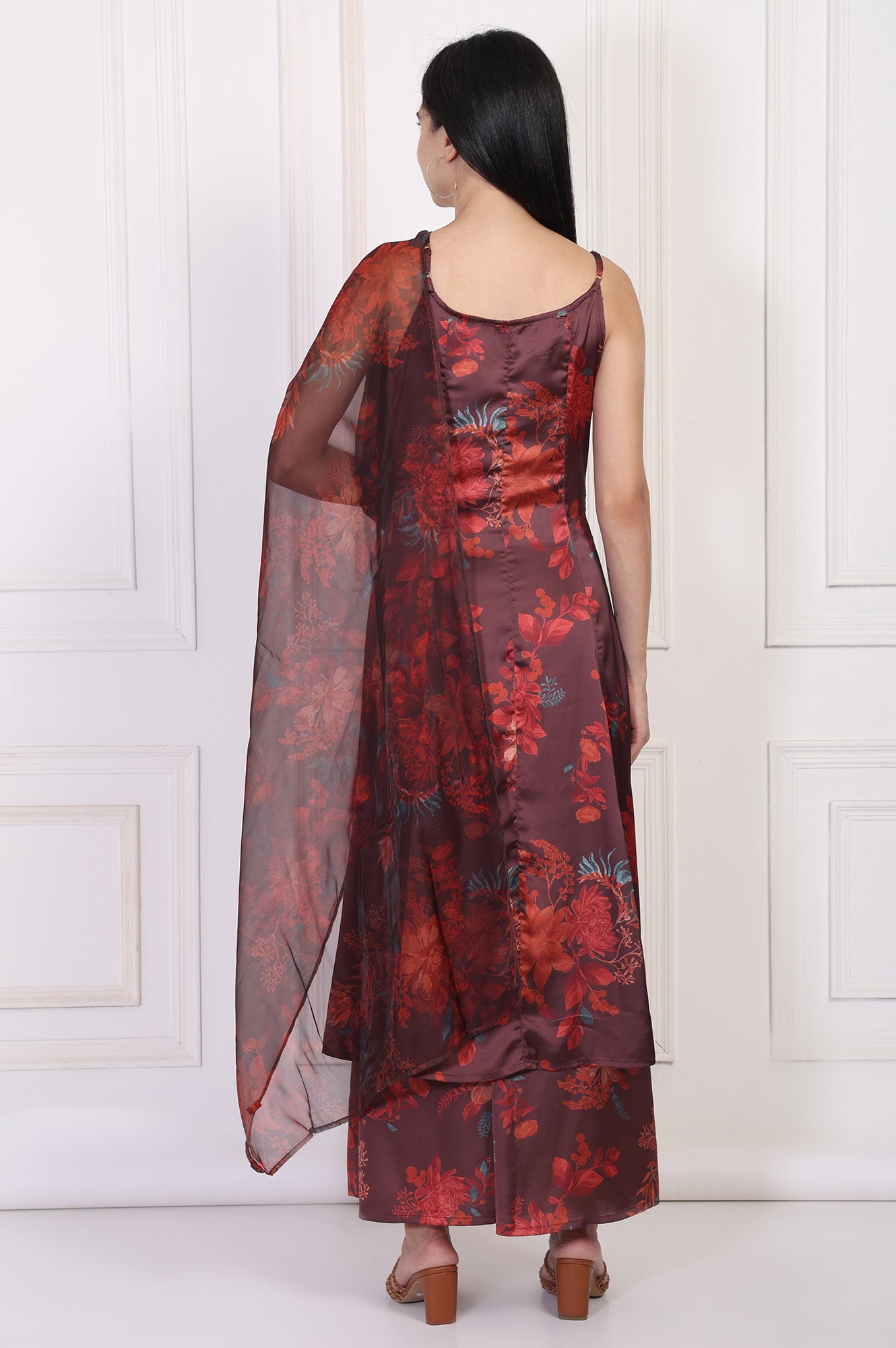 Maroon Floral Printed Sequined A-Line Satin Kurta with Flared Pant and Dupatta Set