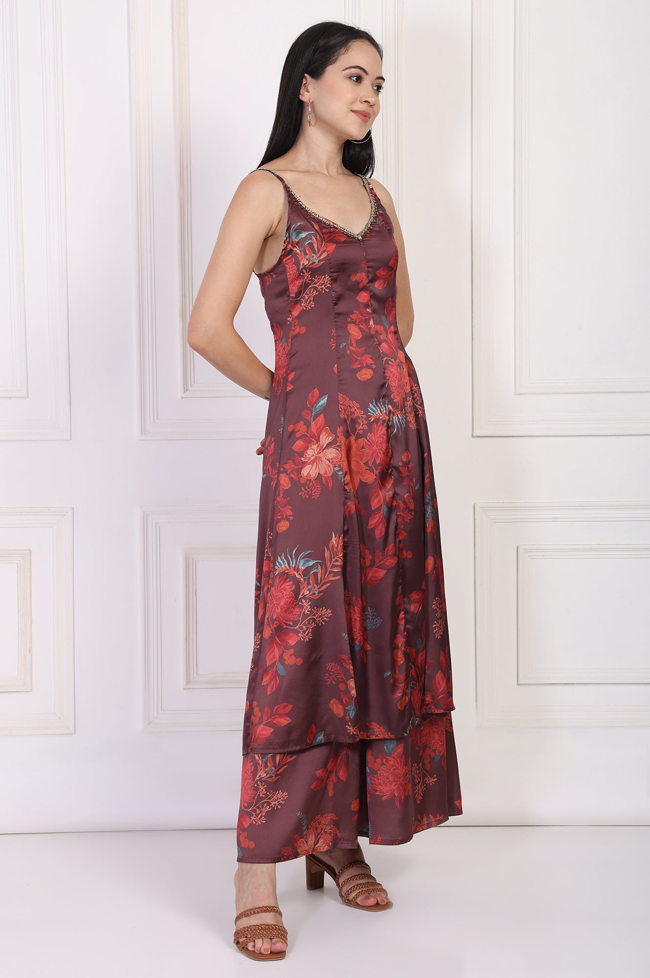 Maroon Floral Printed Sequined A-Line Satin Kurta with Flared Pant and Dupatta Set