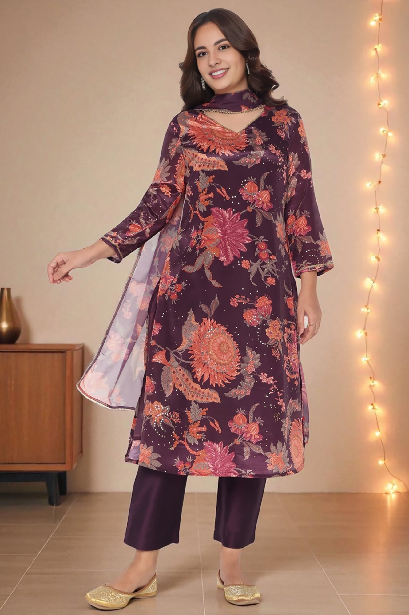 Wine Printed Chinon A-line Kurta, Straight Pant and Dupatta Set