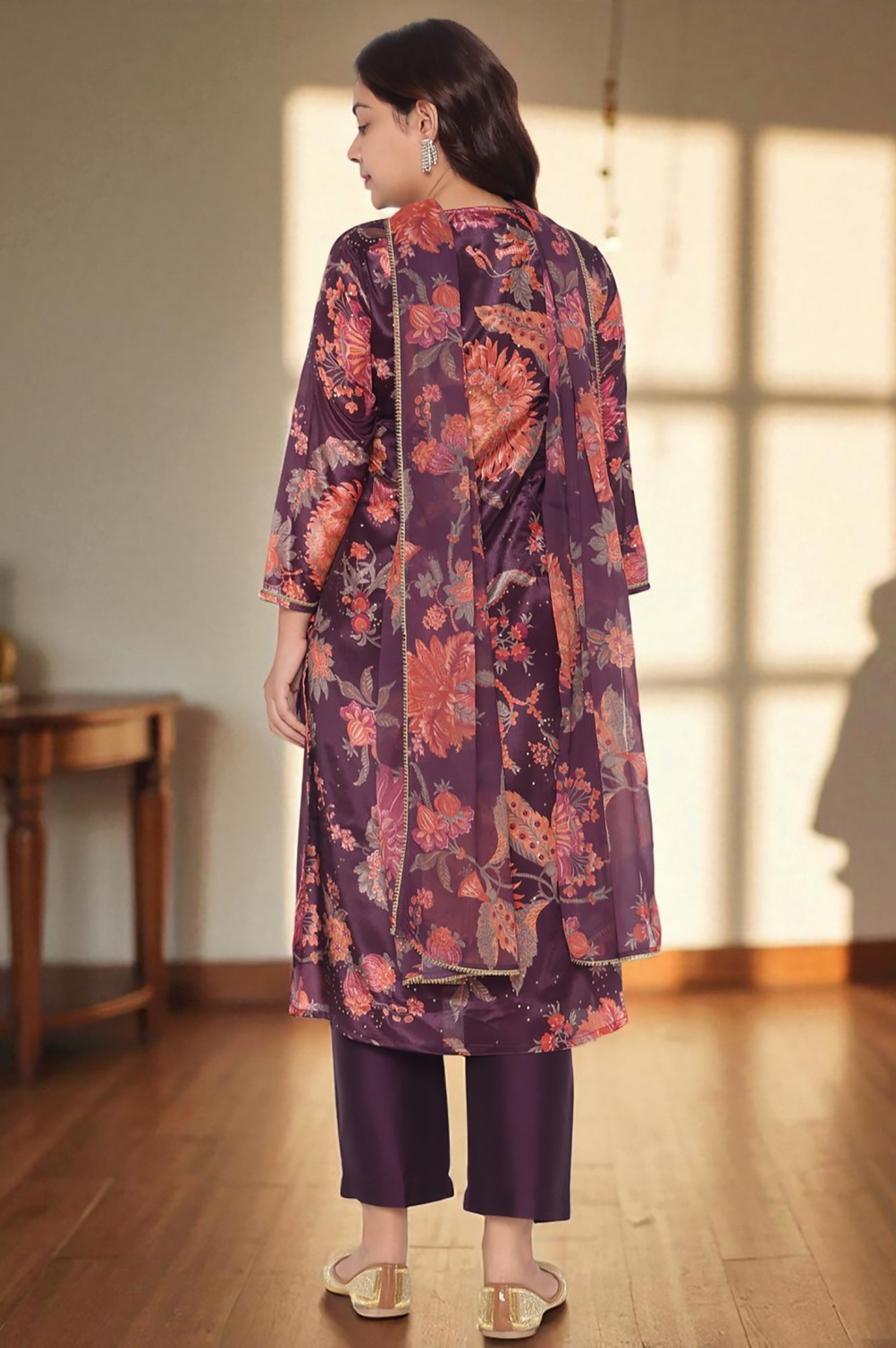 Wine Printed Chinon A-line Kurta, Straight Pant and Dupatta Set