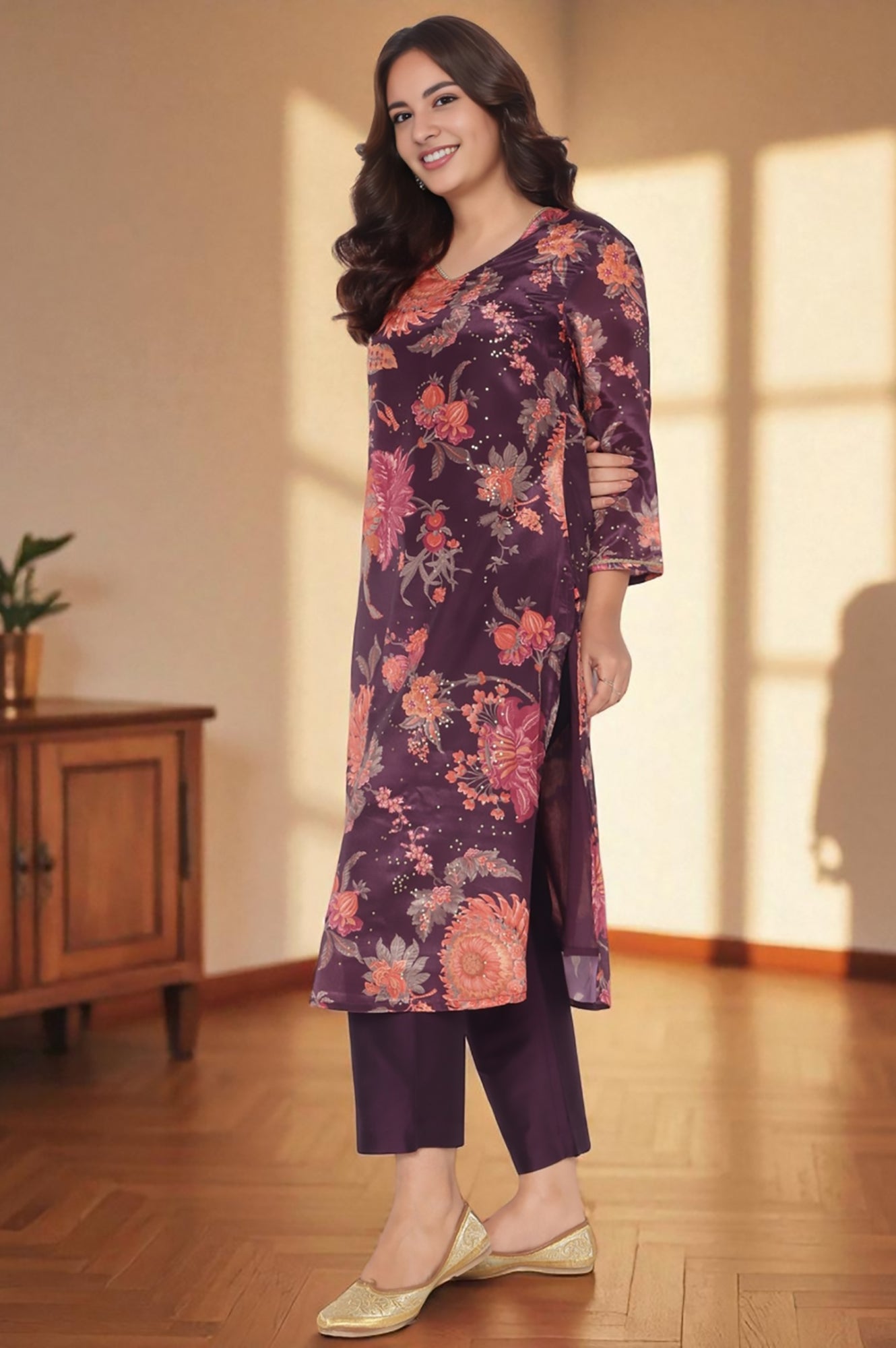 Wine Printed Chinon A-line Kurta, Straight Pant and Dupatta Set