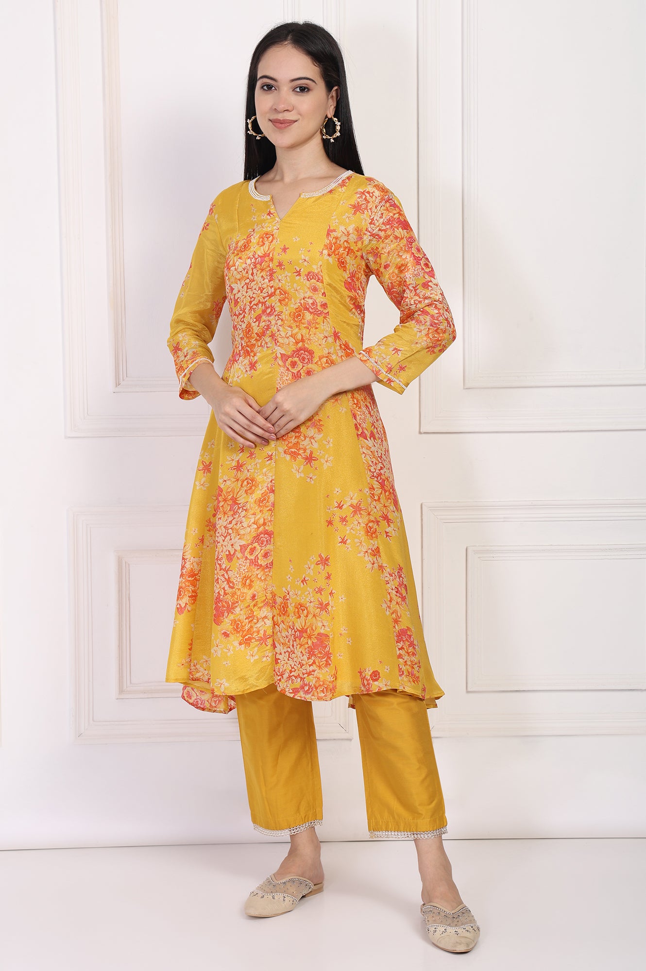 Yellow Floral Printed Beaded A-Line Tissue Kurta with Straight Pant Set