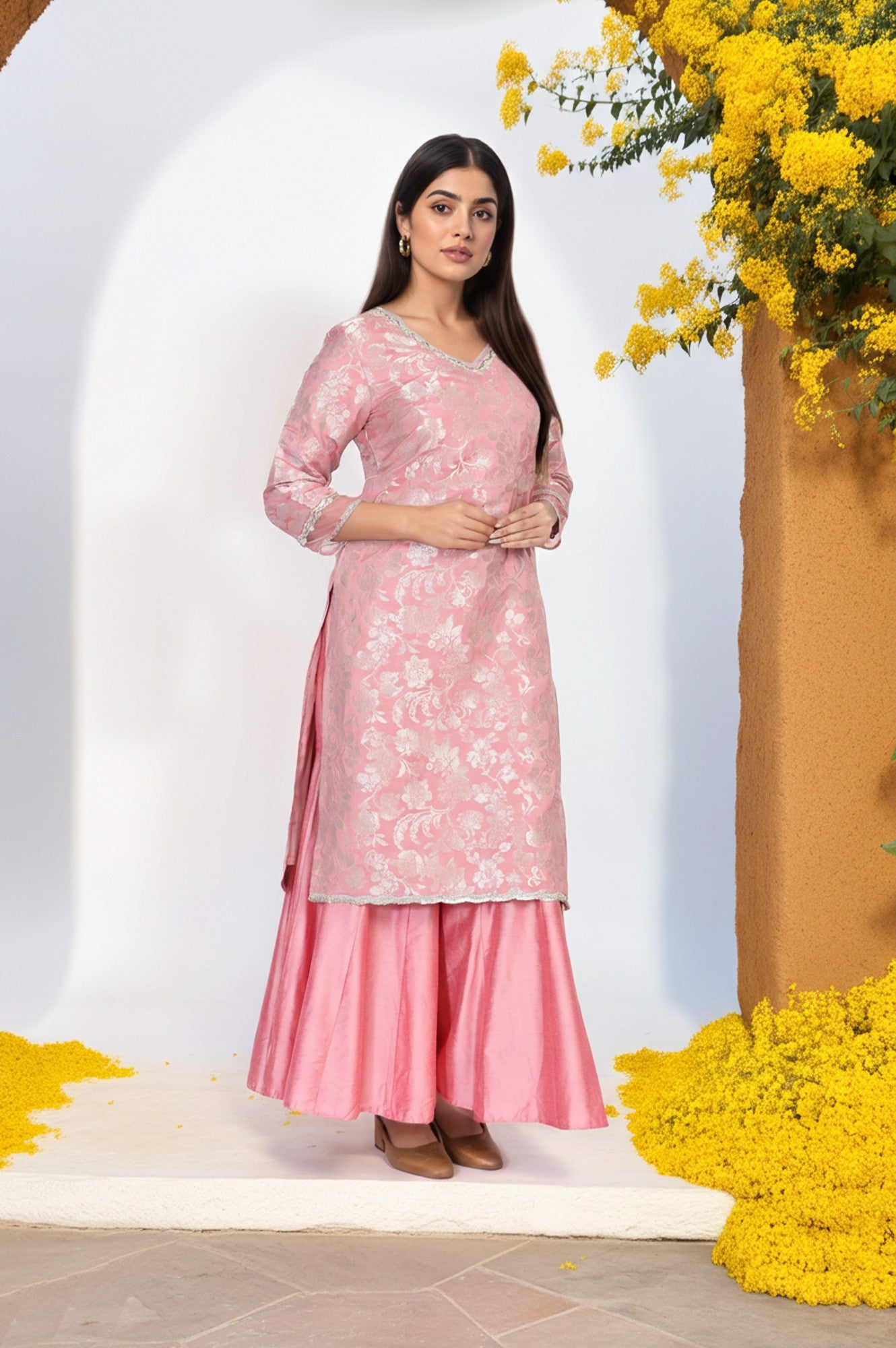Pink Zari Jacquard Straight Kurta with Sharara and Dupatta Set