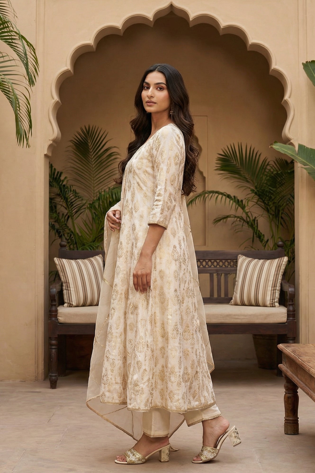 Off White Zari Work Jacquard Anarkali Kurta with Straight Pants and Dupatta Set