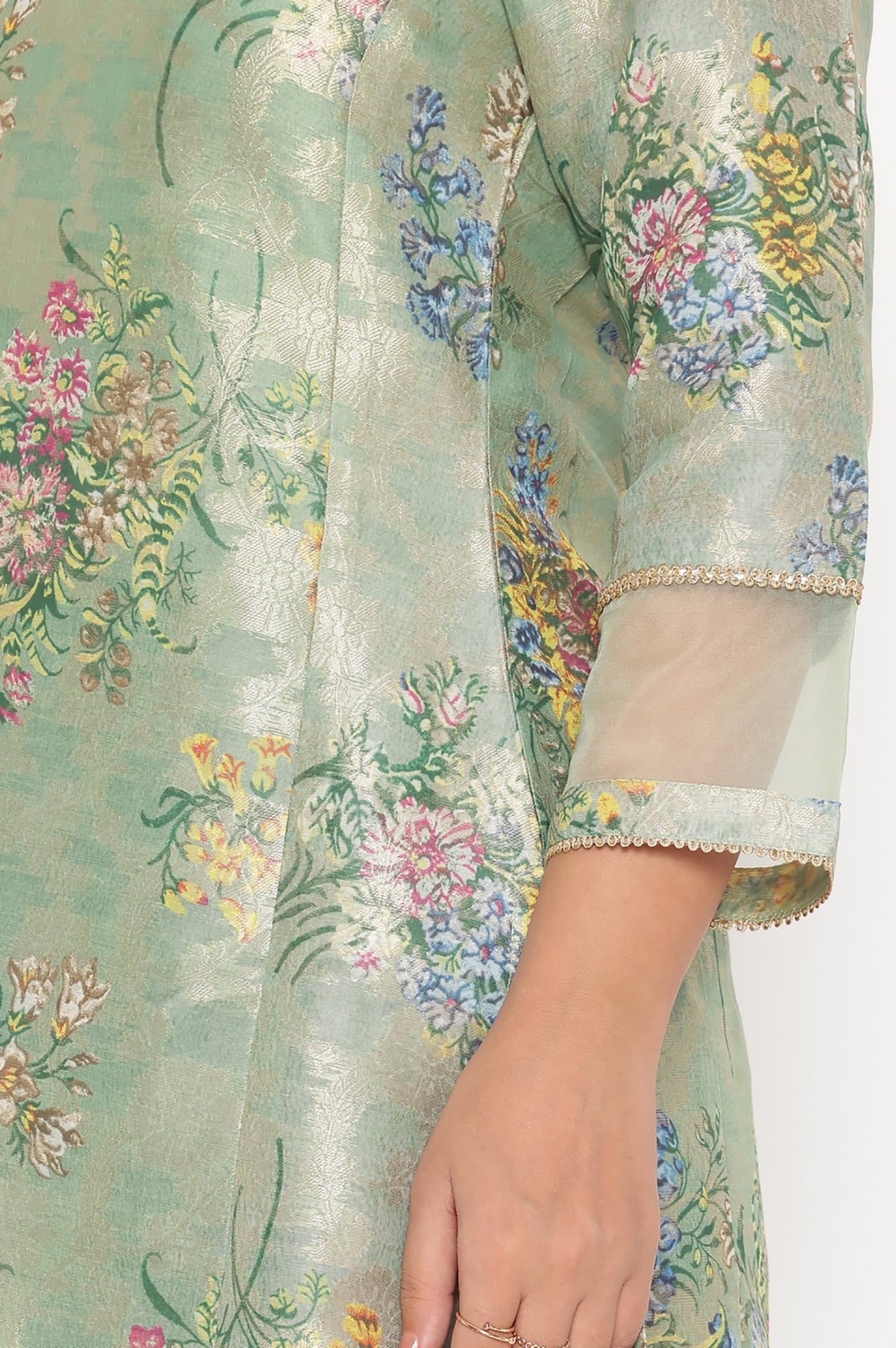 Mint Green Printed Jacquard A-line Kurta, Straight Pant and Dupatta Set