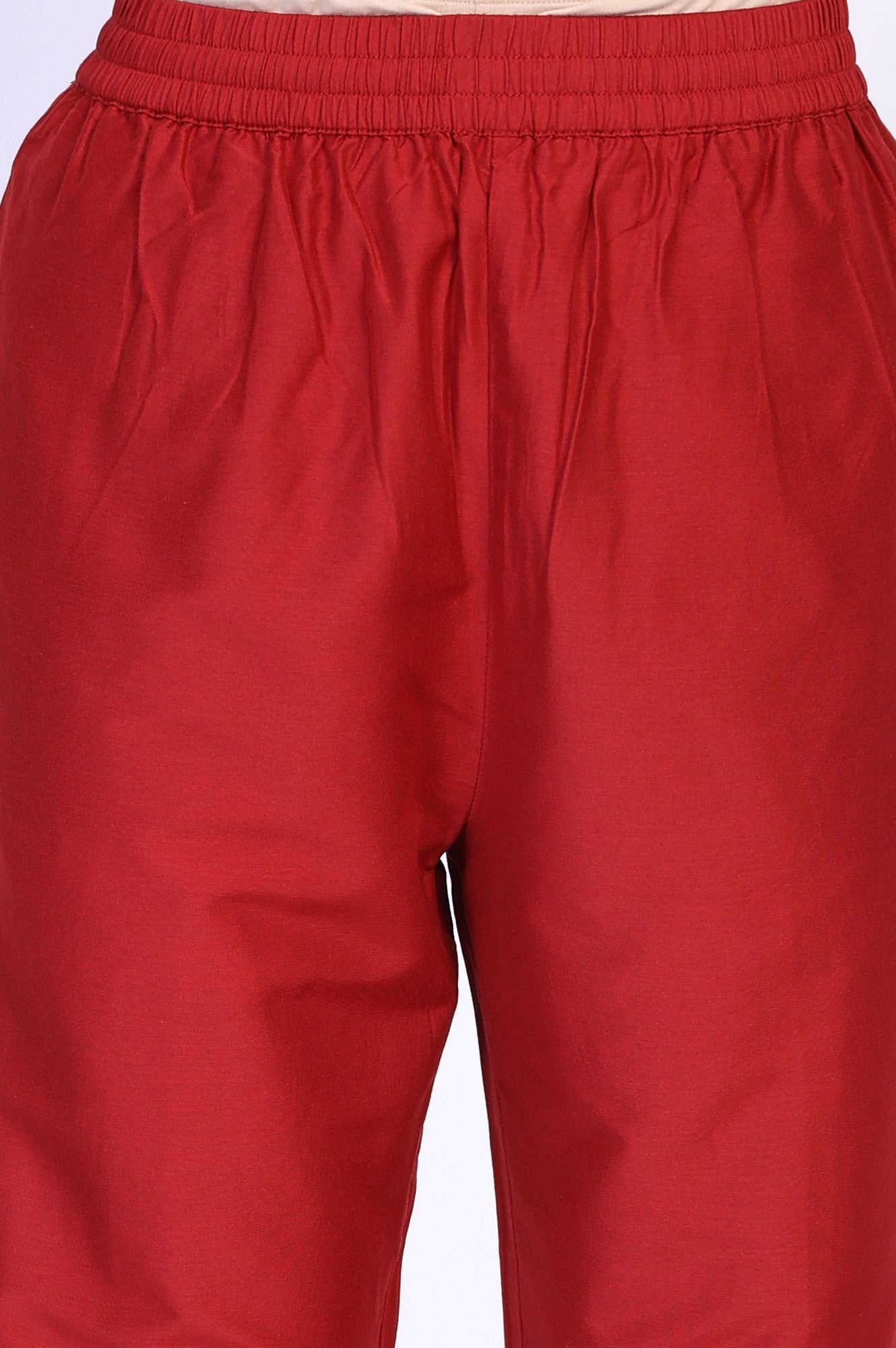 Red Solid Aari Work Straight Silk Kurta with Pant and Dupatta Set