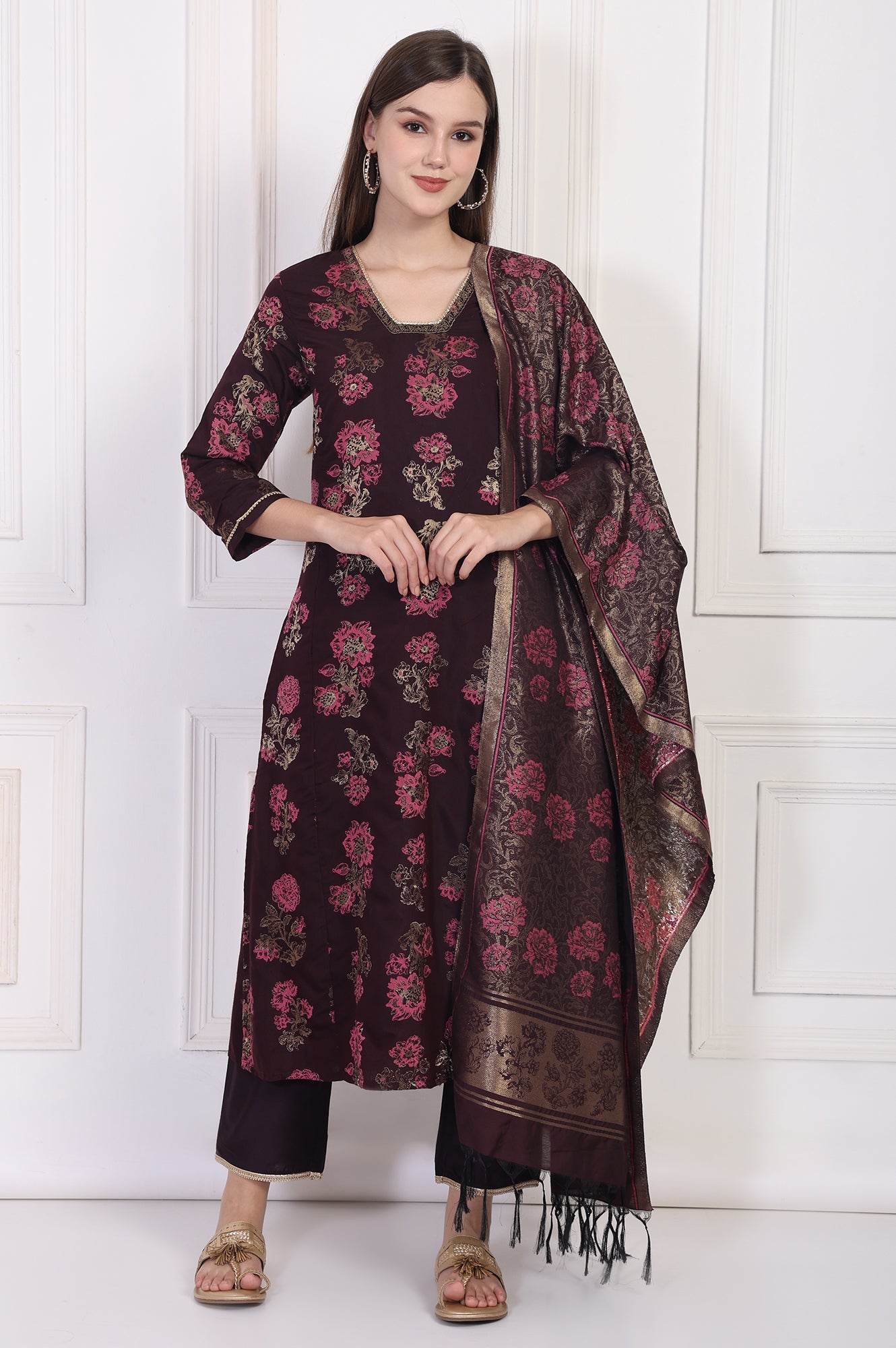 Maroon Lace Trim A-Line Jacquard Kurta with Straight Pant and Dupatta Set